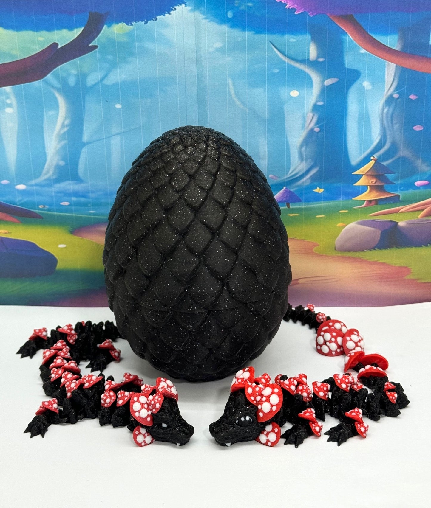 2pcs 3D Printed Dragons with Dragon Egg, Articulated Mother and Baby Mushroom Dragons, 3D Printed Black and Red Dragons, Fidget ADHD Autism Toy MCD-038-009