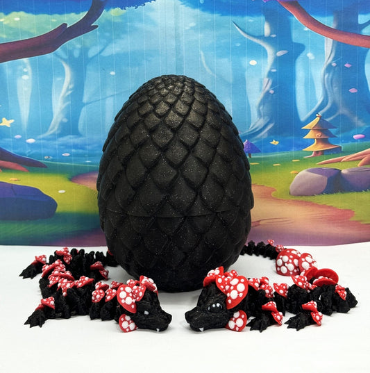 2pcs 3D Printed Dragons with Dragon Egg, Articulated Mother and Baby Mushroom Dragons, 3D Printed Black and Red Dragons, Fidget ADHD Autism Toy MCD-038-009