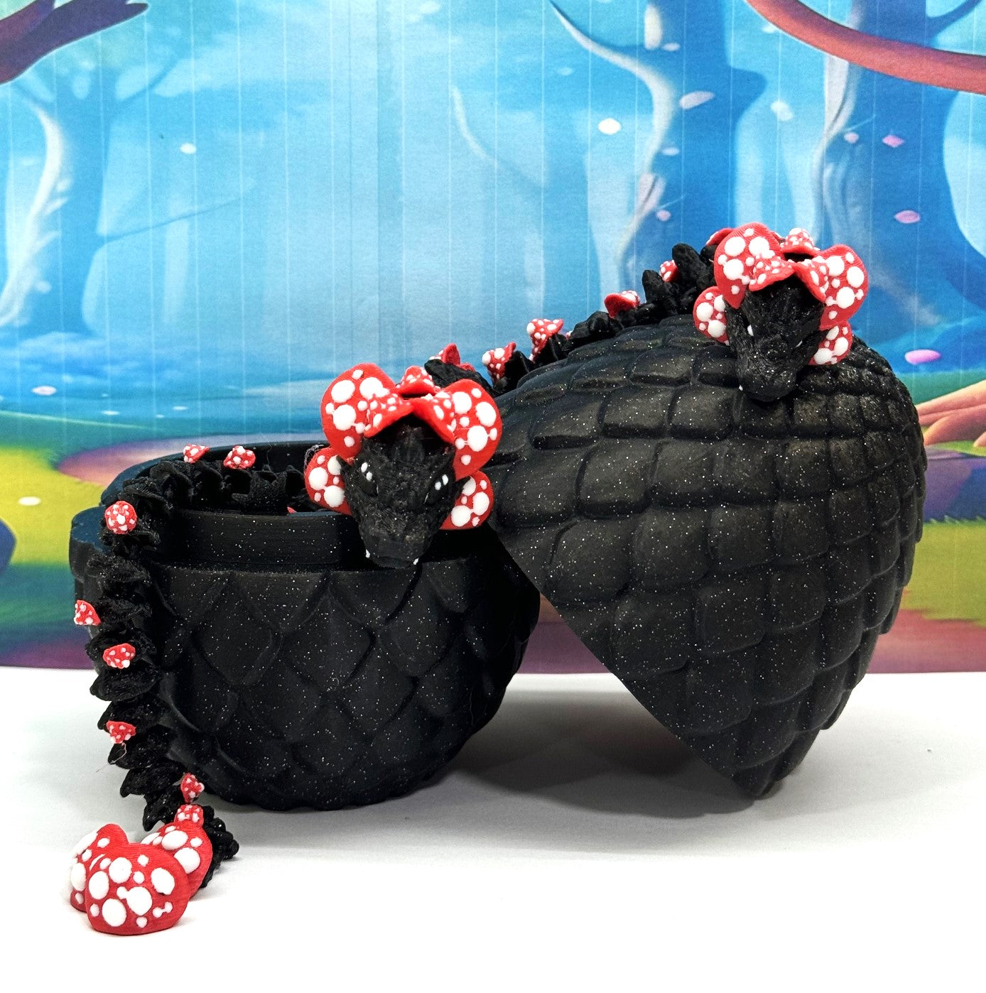 2pcs 3D Printed Dragons with Dragon Egg, Articulated Mother and Baby Mushroom Dragons, 3D Printed Black and Red Dragons, Fidget ADHD Autism Toy MCD-038-009