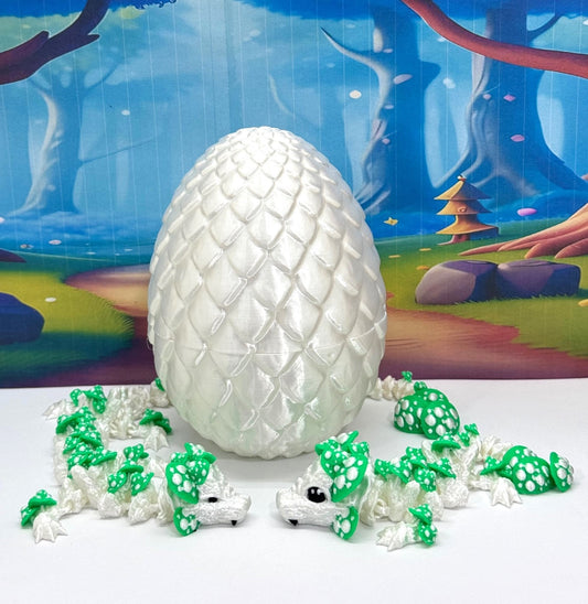 2pcs 3D Printed Dragons with Dragon Egg, Articulated Mother and Baby Mushroom Dragons, 3D Printed White and Green Dragons, Fidget ADHD Autism Toy MCD-046-006WG