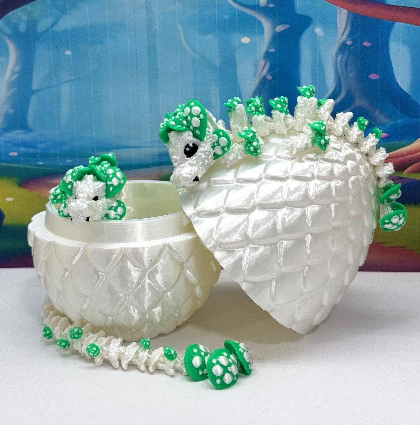 2pcs 3D Printed Dragons with Dragon Egg, Articulated Mother and Baby Mushroom Dragons, 3D Printed White and Green Dragons, Fidget ADHD Autism Toy MCD-046-006WG