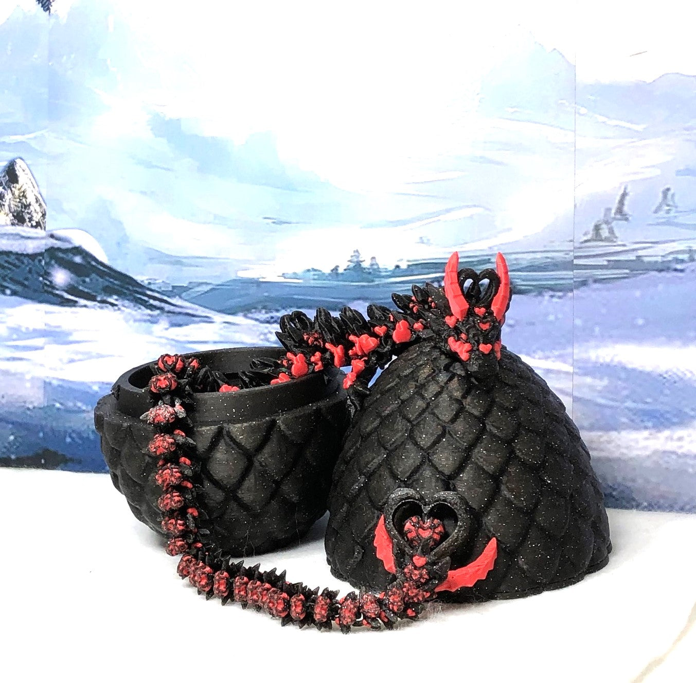 3D Printed Dragon with Dragon Egg, 12 Inches Articulated Dragon, Black and Red Heart Dragon, Fidget ADHD Autism Toy, Relief Anxiety Dragon Toy D034