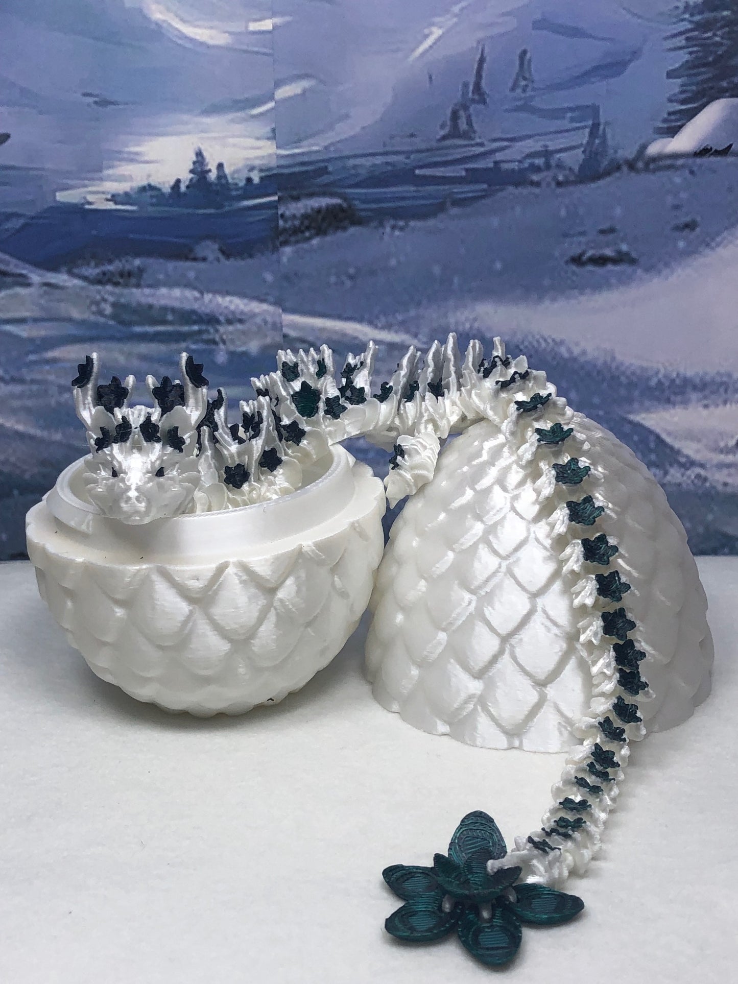 Generic Articulated Dragon with Dragon Egg, 12" 3D Printed White and Blue Cherry Blossom Dragon, Fidget Toy Executive Desk Toy D017-BEG