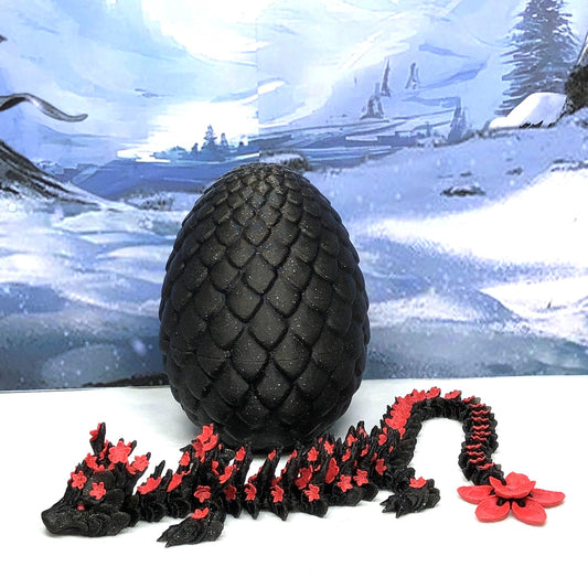 3D Printed Dragon with Dragon Egg, Articulated Dragon, 12" Black and Red Cherry Blossom Dragon, Fidget Sensory Toy, Flexible ADHD, Autism, Relief Anxiety D020