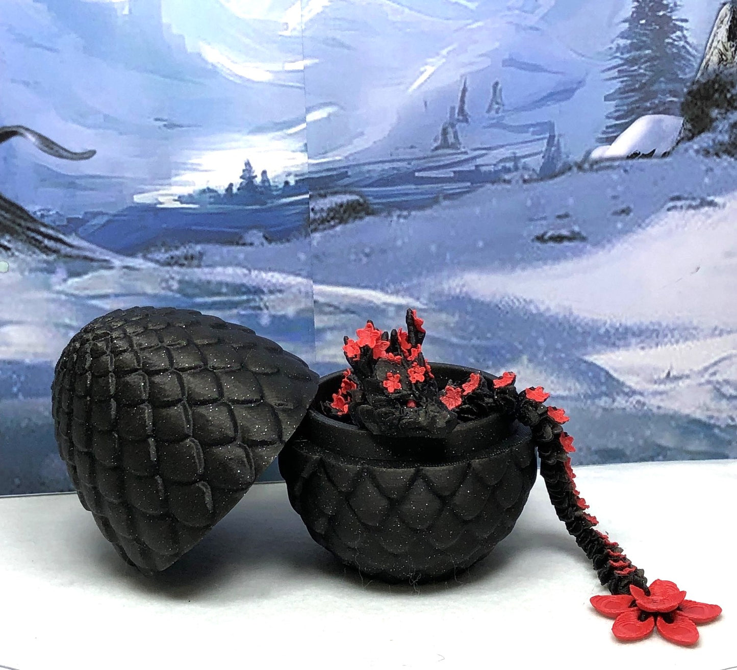 3D Printed Dragon with Dragon Egg, Articulated Dragon, 12" Black and Red Cherry Blossom Dragon, Fidget Sensory Toy, Flexible ADHD, Autism, Relief Anxiety D020