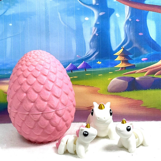 3pcs 3D Printed Unicorn with Egg, Articulated Pink and White Unicorn, Fidget Mini Animal Gift Idea, Party Decorations MU001-3X