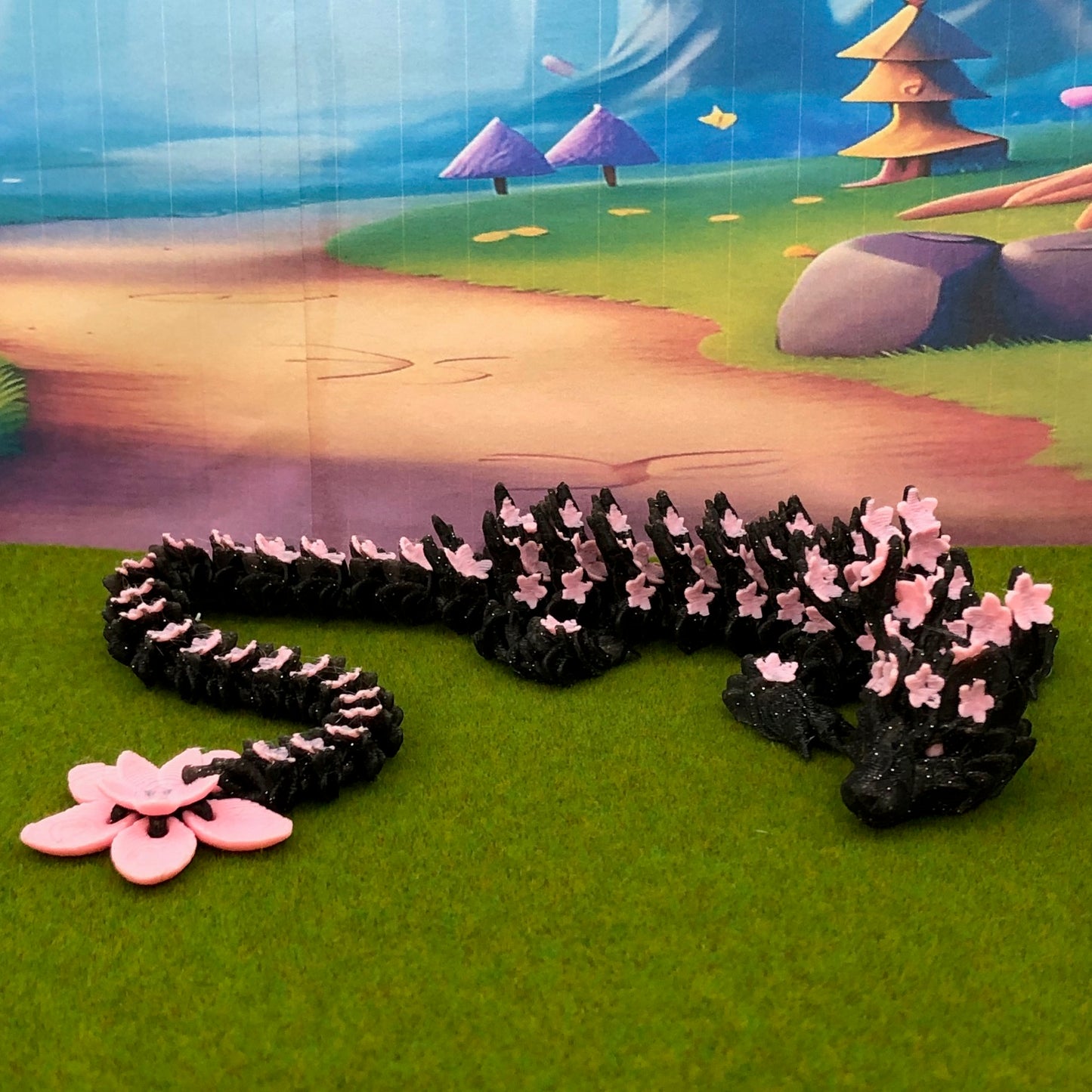 3D Printed Dragon with Dragon Egg, Articulated Dragon, 12" Black and Pink Cherry Blossom Dragon, Fidget Sensory Toy, Flexible ADHD, Autism, Relief Anxiety D028-BE