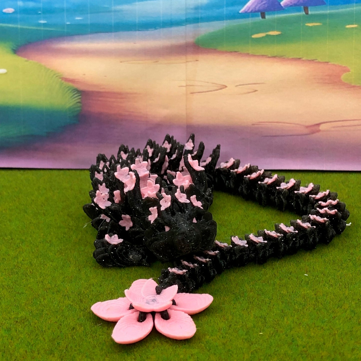 3D Printed Dragon with Dragon Egg, Articulated Dragon, 12" Black and Pink Cherry Blossom Dragon, Fidget Sensory Toy, Flexible ADHD, Autism, Relief Anxiety D028-BE