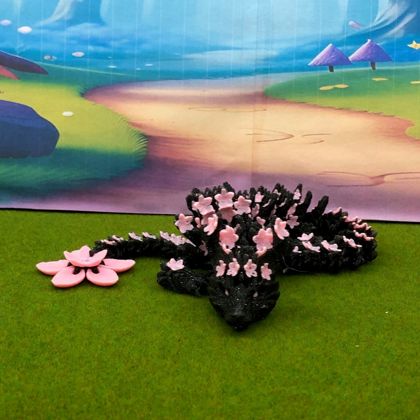 3D Printed Dragon with Dragon Egg, Articulated Dragon, 12" Black and Pink Cherry Blossom Dragon, Fidget Sensory Toy, Flexible ADHD, Autism, Relief Anxiety D028-BE