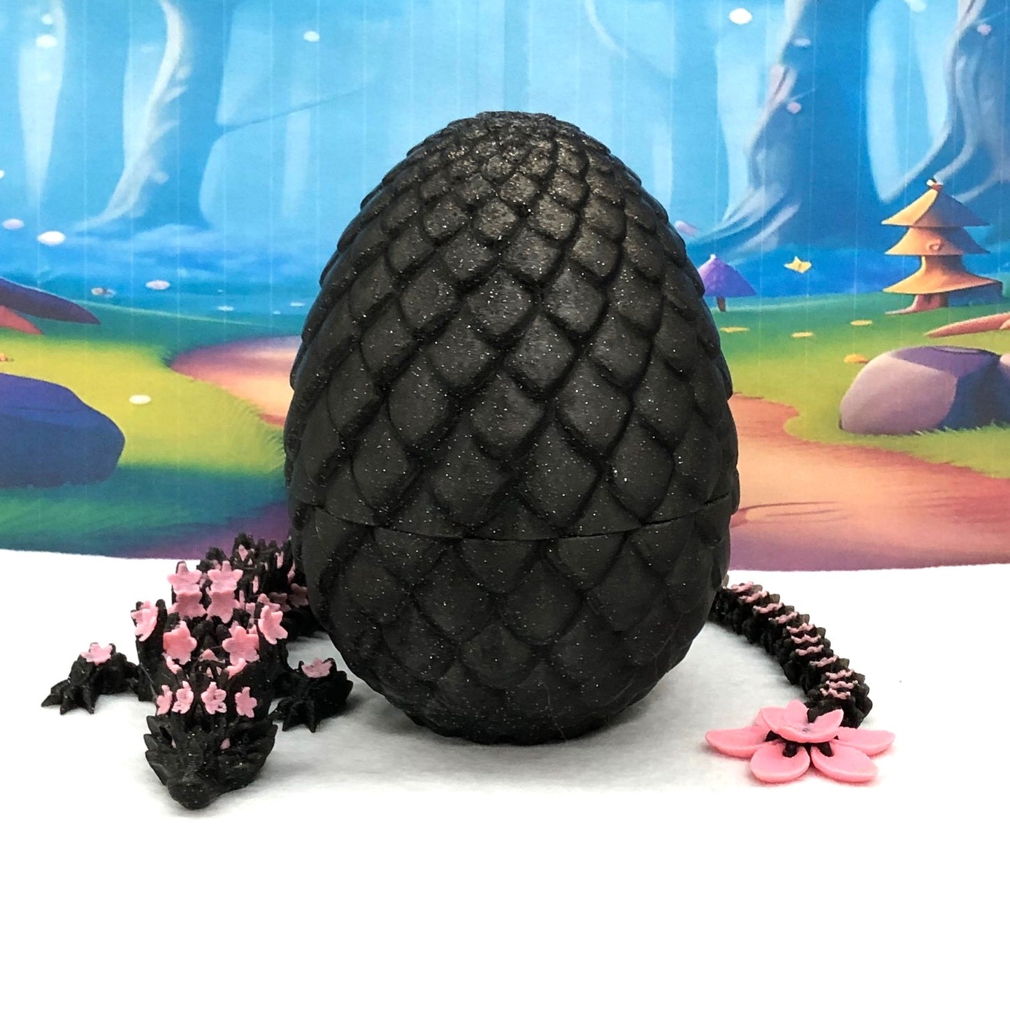 3D Printed Dragon with Dragon Egg, Articulated Dragon, 12" Black and Pink Cherry Blossom Dragon, Fidget Sensory Toy, Flexible ADHD, Autism, Relief Anxiety D028-BE