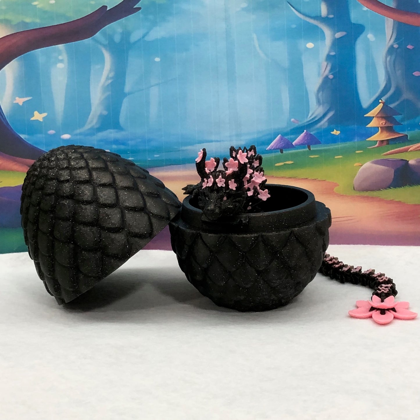 3D Printed Dragon with Dragon Egg, Articulated Dragon, 12" Black and Pink Cherry Blossom Dragon, Fidget Sensory Toy, Flexible ADHD, Autism, Relief Anxiety D028-BE