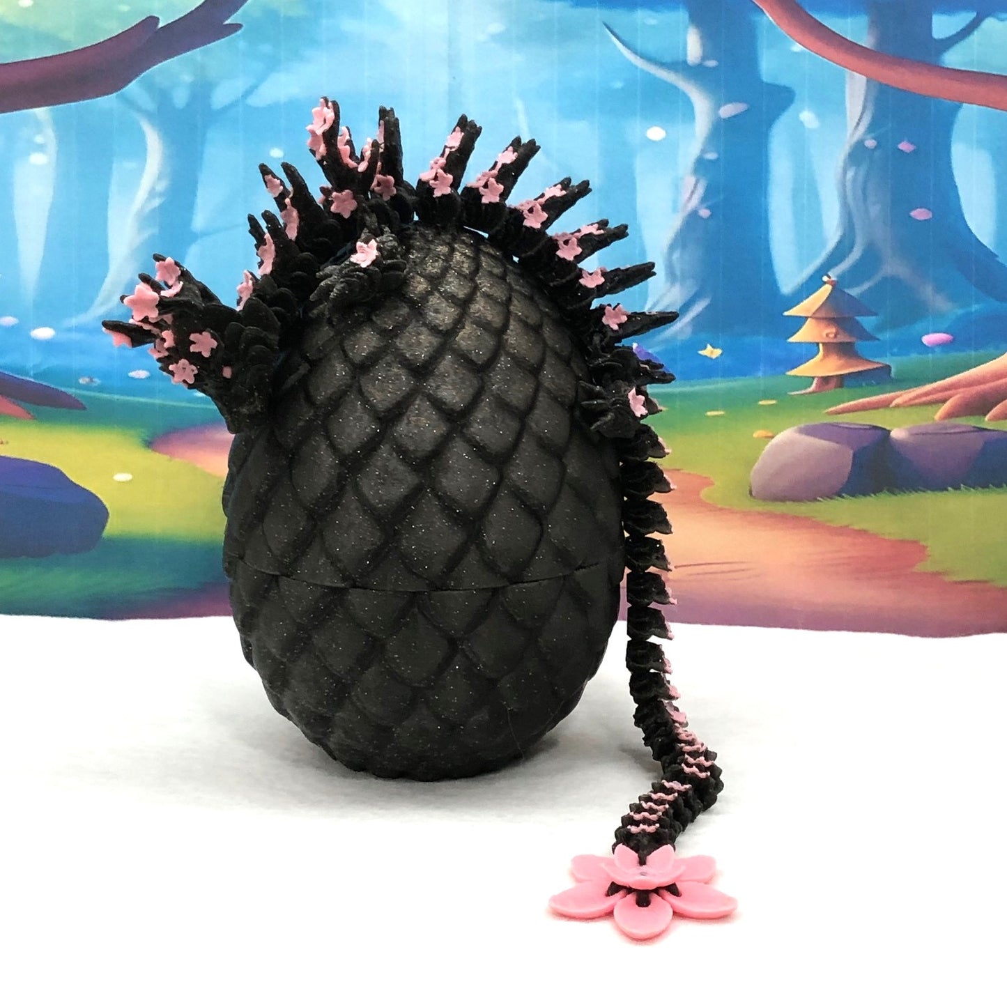 3D Printed Dragon with Dragon Egg, Articulated Dragon, 12" Black and Pink Cherry Blossom Dragon, Fidget Sensory Toy, Flexible ADHD, Autism, Relief Anxiety D028-BE