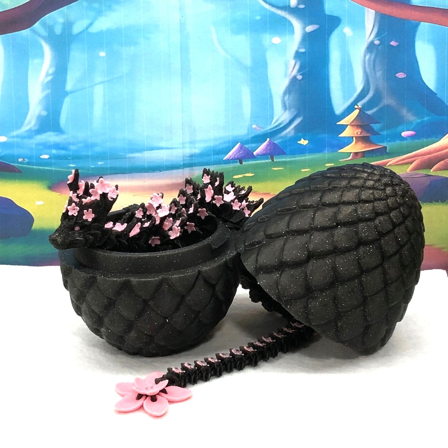 3D Printed Dragon with Dragon Egg, Articulated Dragon, 12" Black and Pink Cherry Blossom Dragon, Fidget Sensory Toy, Flexible ADHD, Autism, Relief Anxiety D028-BE