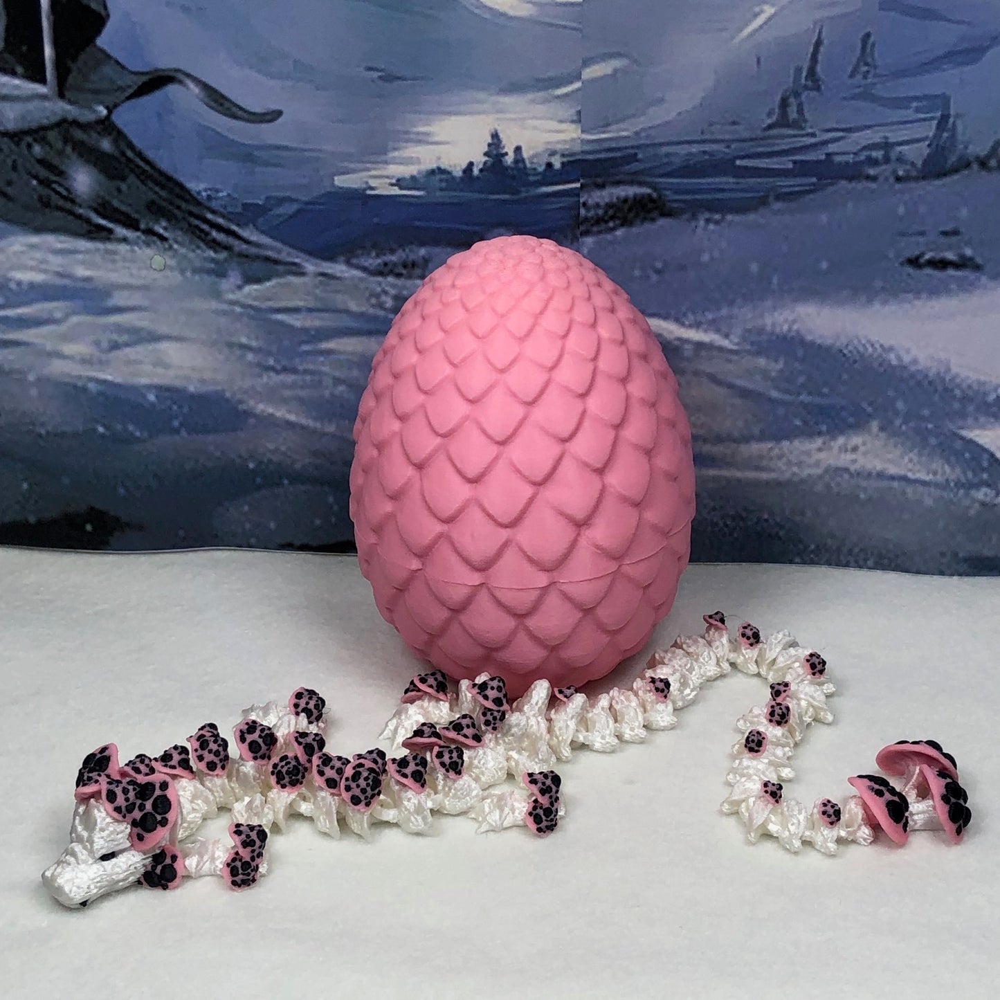 Generic Articulated Dragon with Dragon Egg 3D Printed, 12" White and Pink Mushroom Dragon, Fidget Anxiety Toy, Executive Desk Toy D035-PE