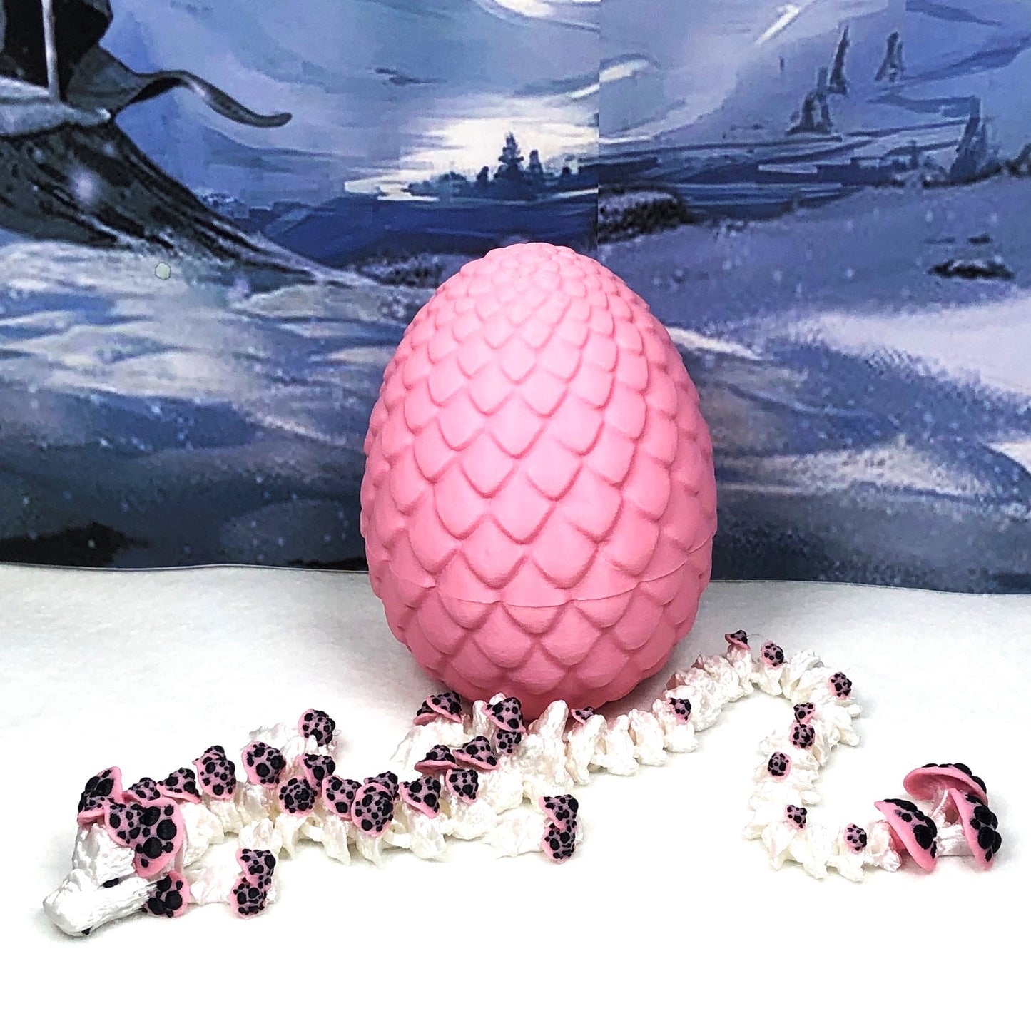 Generic Articulated Dragon with Dragon Egg 3D Printed, 12" White and Pink Mushroom Dragon, Fidget Anxiety Toy, Executive Desk Toy D035-PE