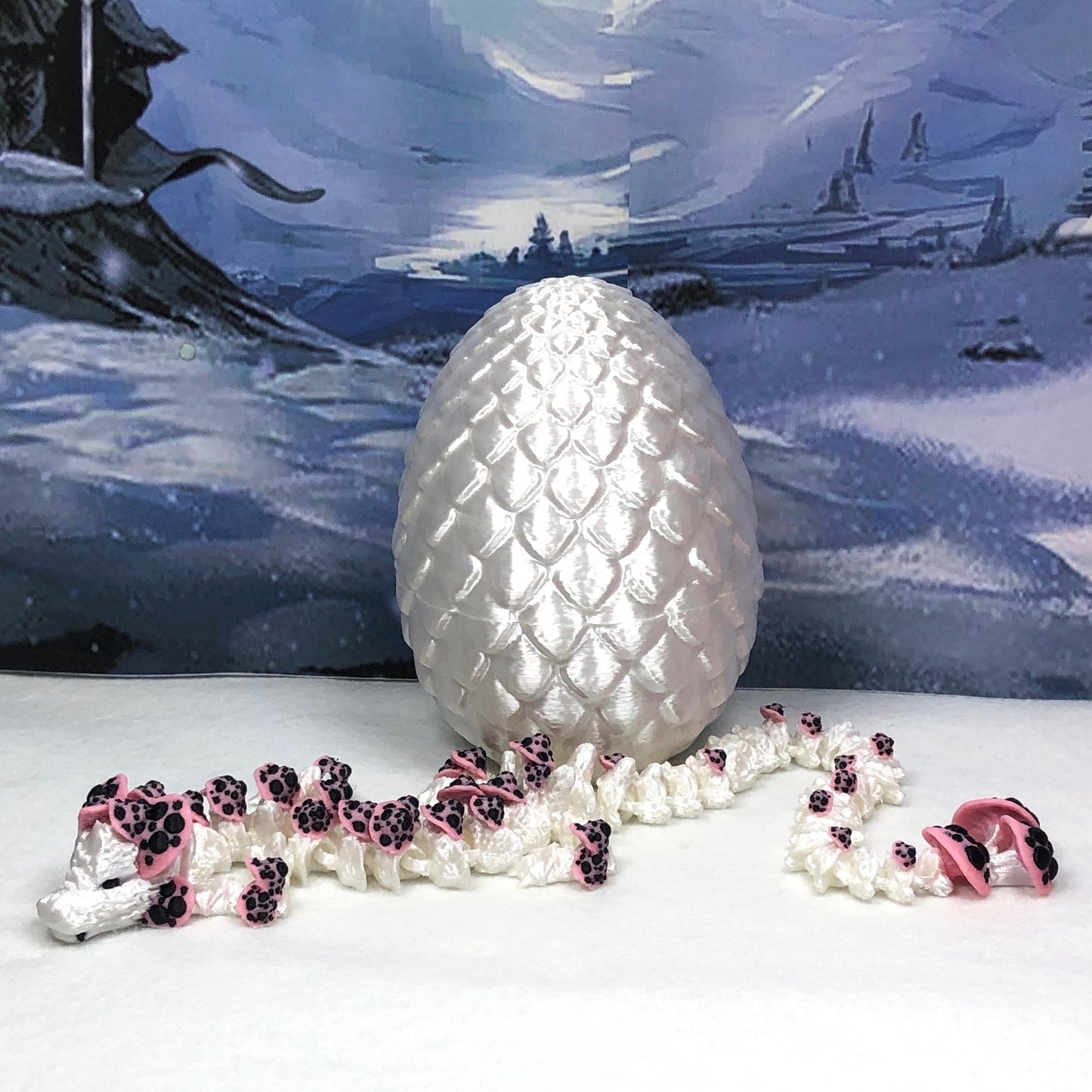 3D Printed Dragon with Dragon Egg , 12" Articulated White and Pink Mushroom Dragon, Fidget Anxiety Toy, Executive Desk Toy D035-WE