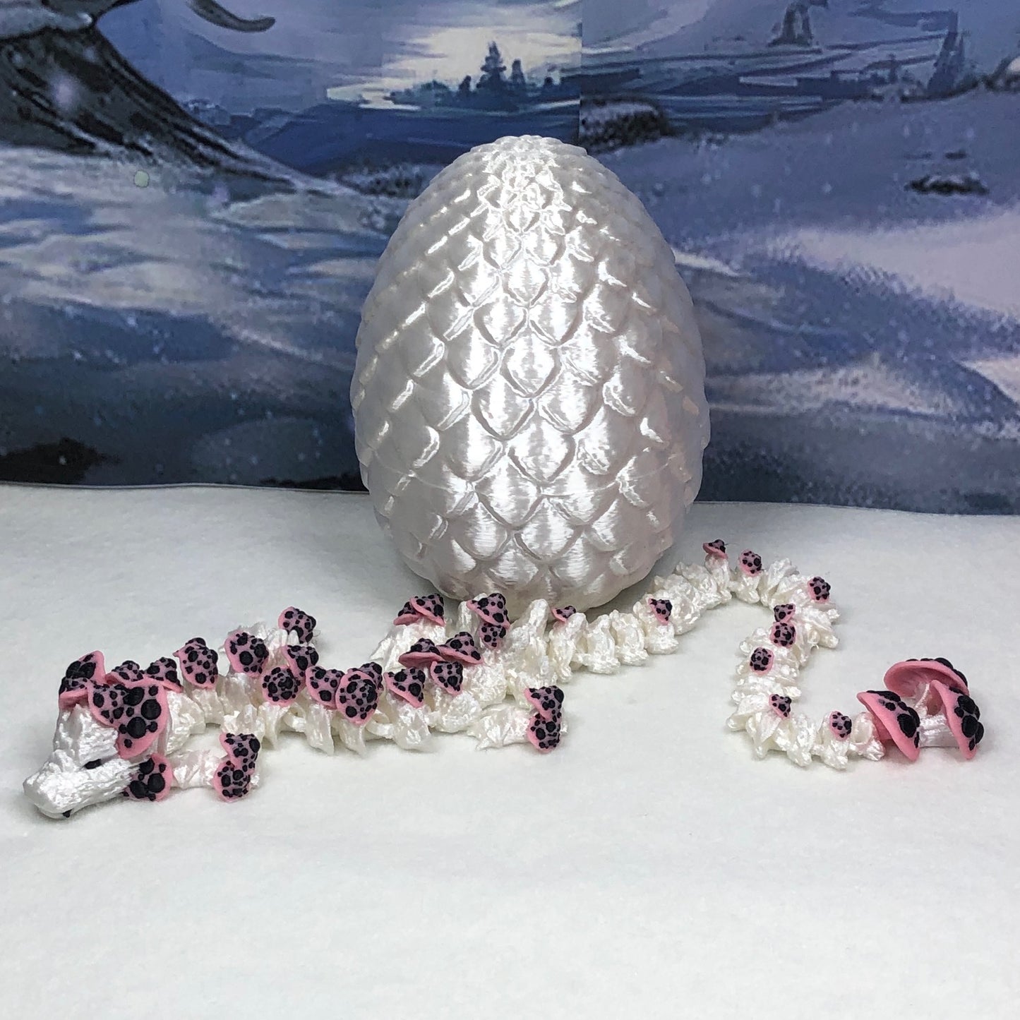 3D Printed Dragon with Dragon Egg , 12" Articulated White and Pink Mushroom Dragon, Fidget Anxiety Toy, Executive Desk Toy D035-WE