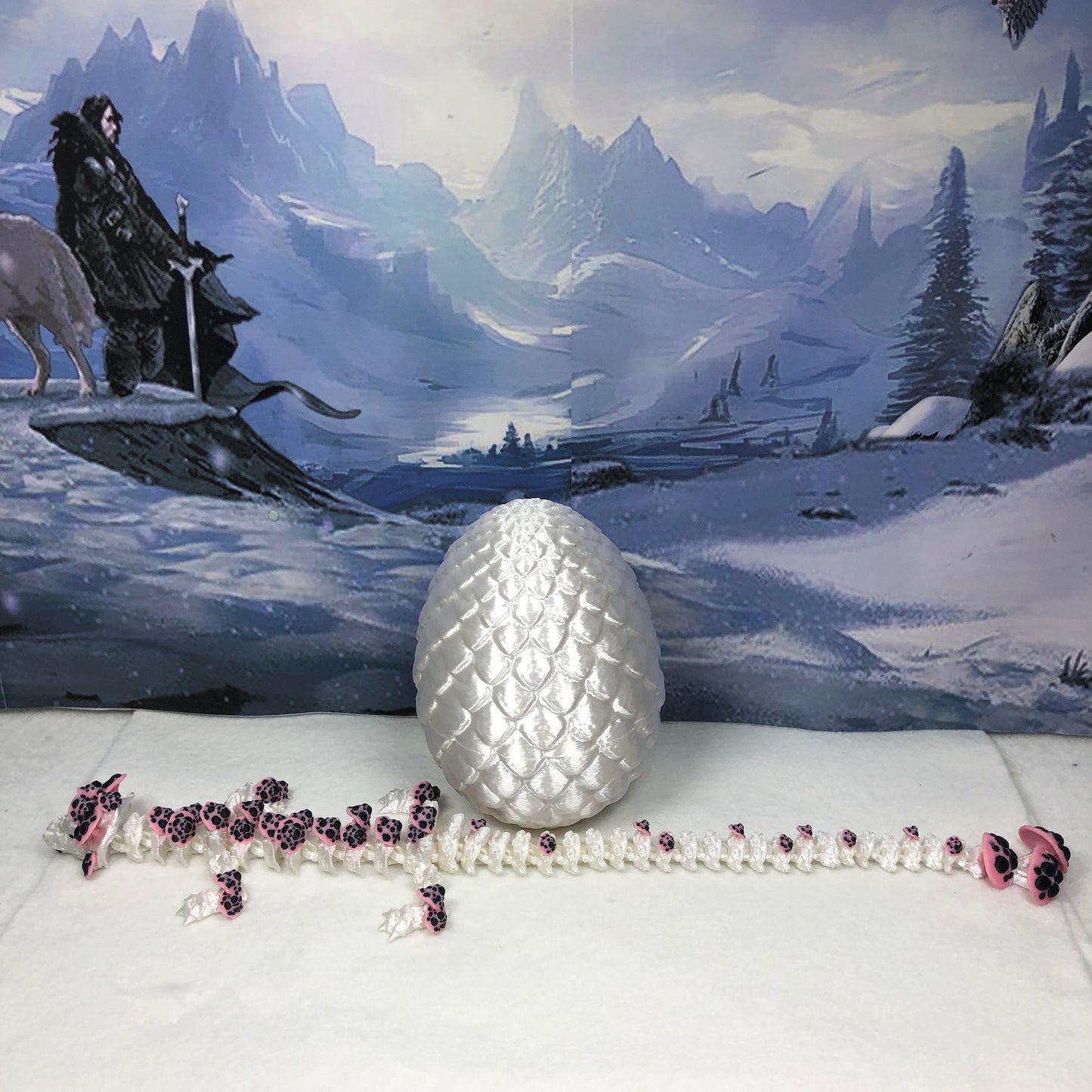 3D Printed Dragon with Dragon Egg , 12" Articulated White and Pink Mushroom Dragon, Fidget Anxiety Toy, Executive Desk Toy D035-WE