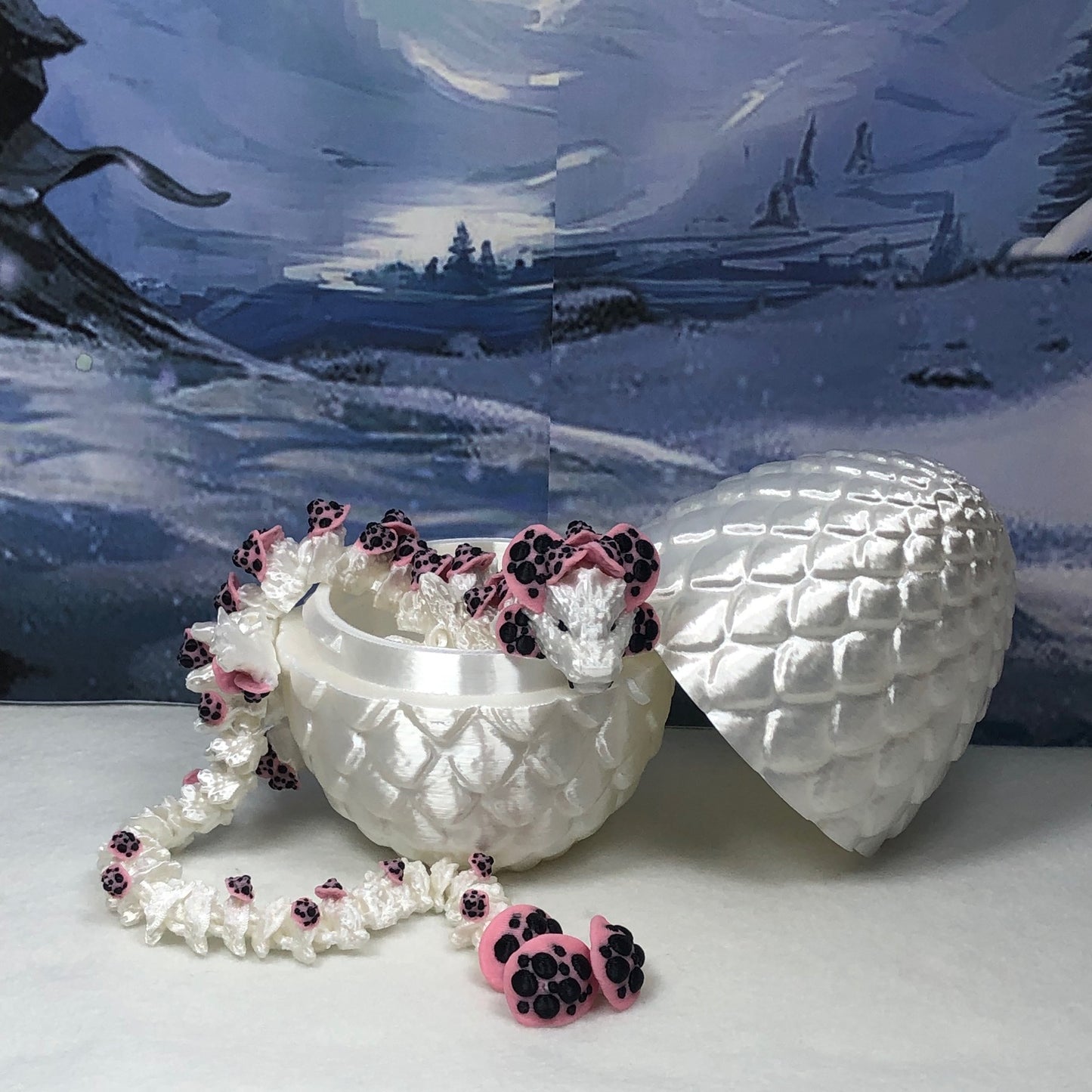 3D Printed Dragon with Dragon Egg , 12" Articulated White and Pink Mushroom Dragon, Fidget Anxiety Toy, Executive Desk Toy D035-WE