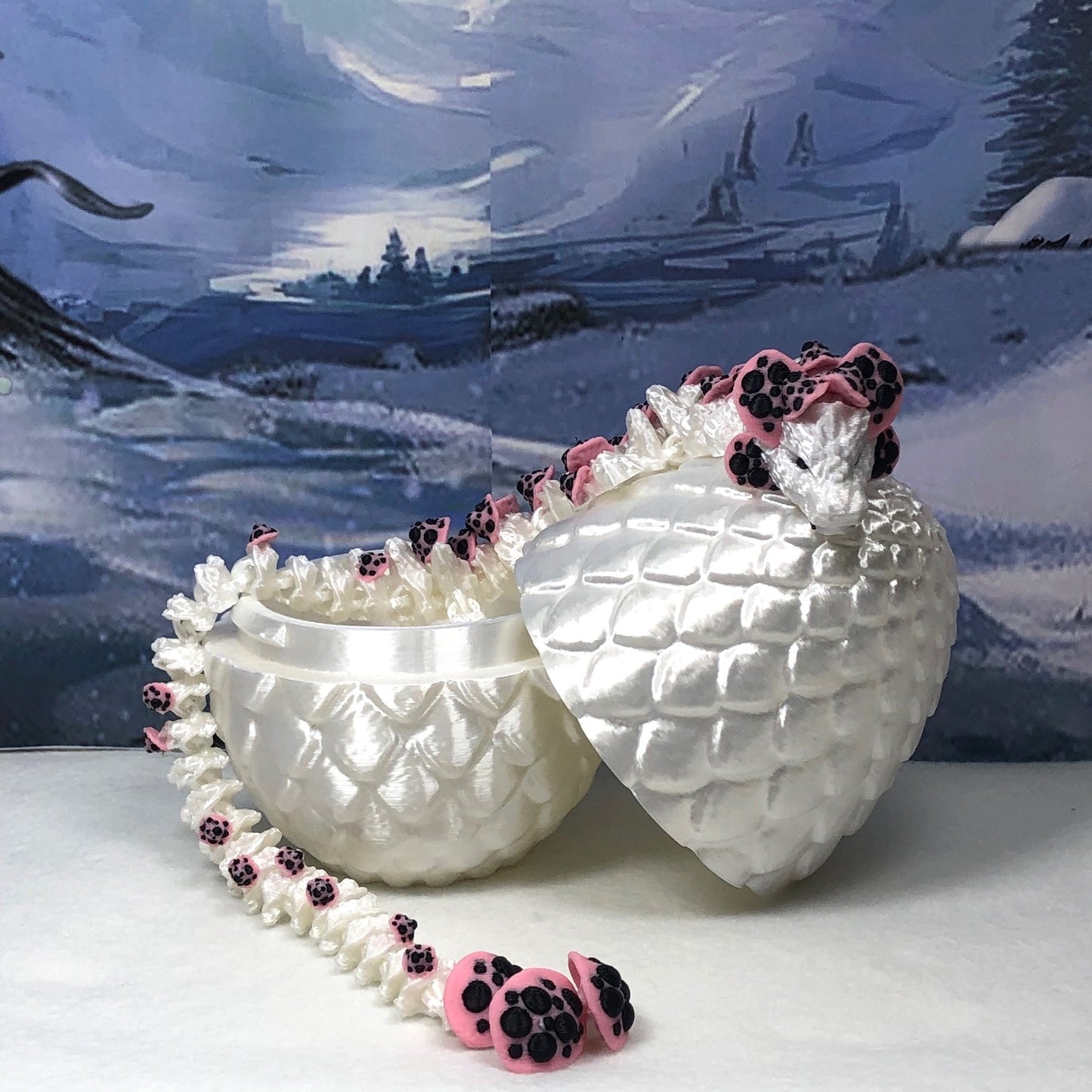 3D Printed Dragon with Dragon Egg , 12" Articulated White and Pink Mushroom Dragon, Fidget Anxiety Toy, Executive Desk Toy D035-WE