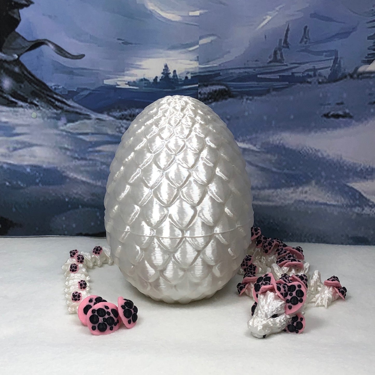 3D Printed Dragon with Dragon Egg , 12" Articulated White and Pink Mushroom Dragon, Fidget Anxiety Toy, Executive Desk Toy D035-WE