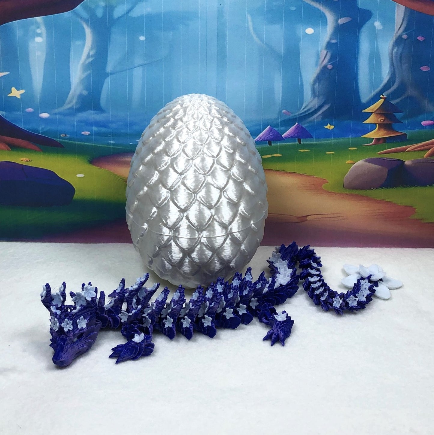 3D Printed Dragon with Dragon Egg, 12" Blue Purple and White Cherry Blossom, Articulated Dragon, Fidget ADHD Autism Sensory Toy Executive Desk Toy D033