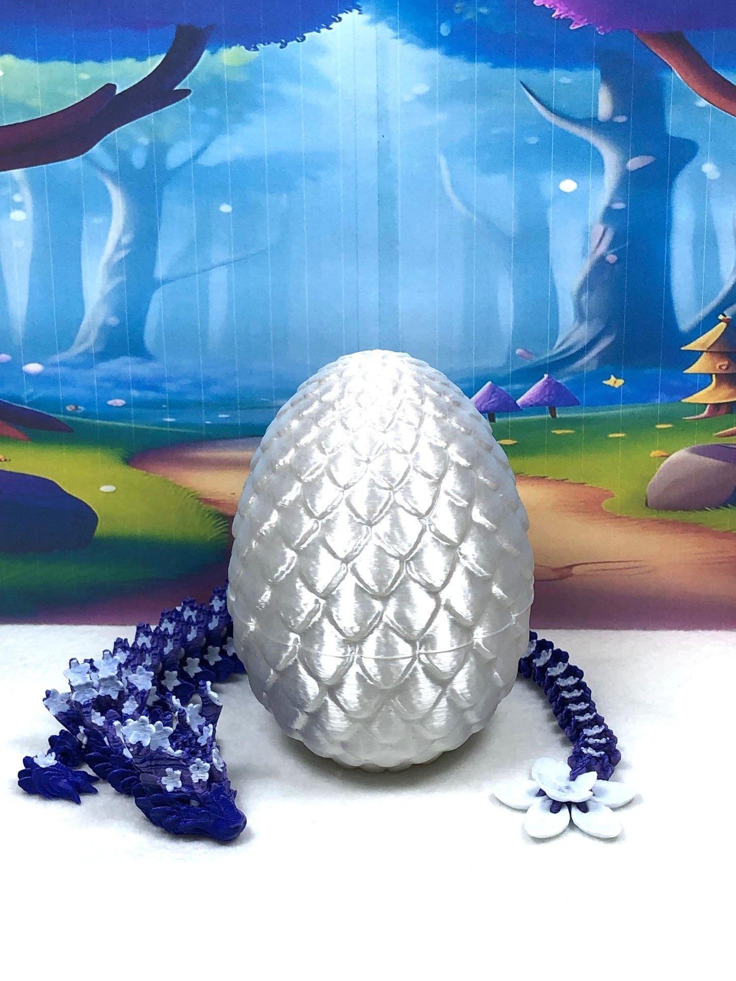 3D Printed Dragon with Dragon Egg, 12" Blue Purple and White Cherry Blossom, Articulated Dragon, Fidget ADHD Autism Sensory Toy Executive Desk Toy D033