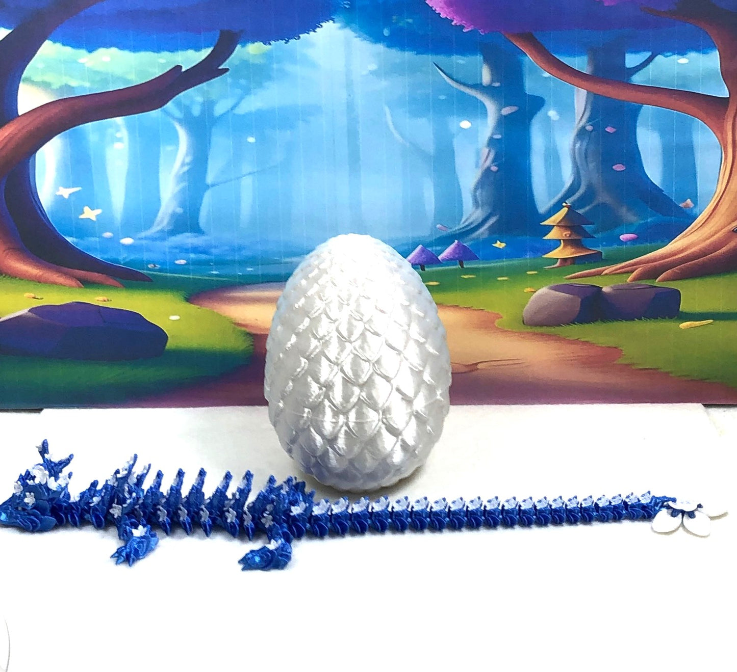 3D Printed Dragon with Dragon Egg, 12" Blue Purple and White Cherry Blossom, Articulated Dragon, Fidget ADHD Autism Sensory Toy Executive Desk Toy D033