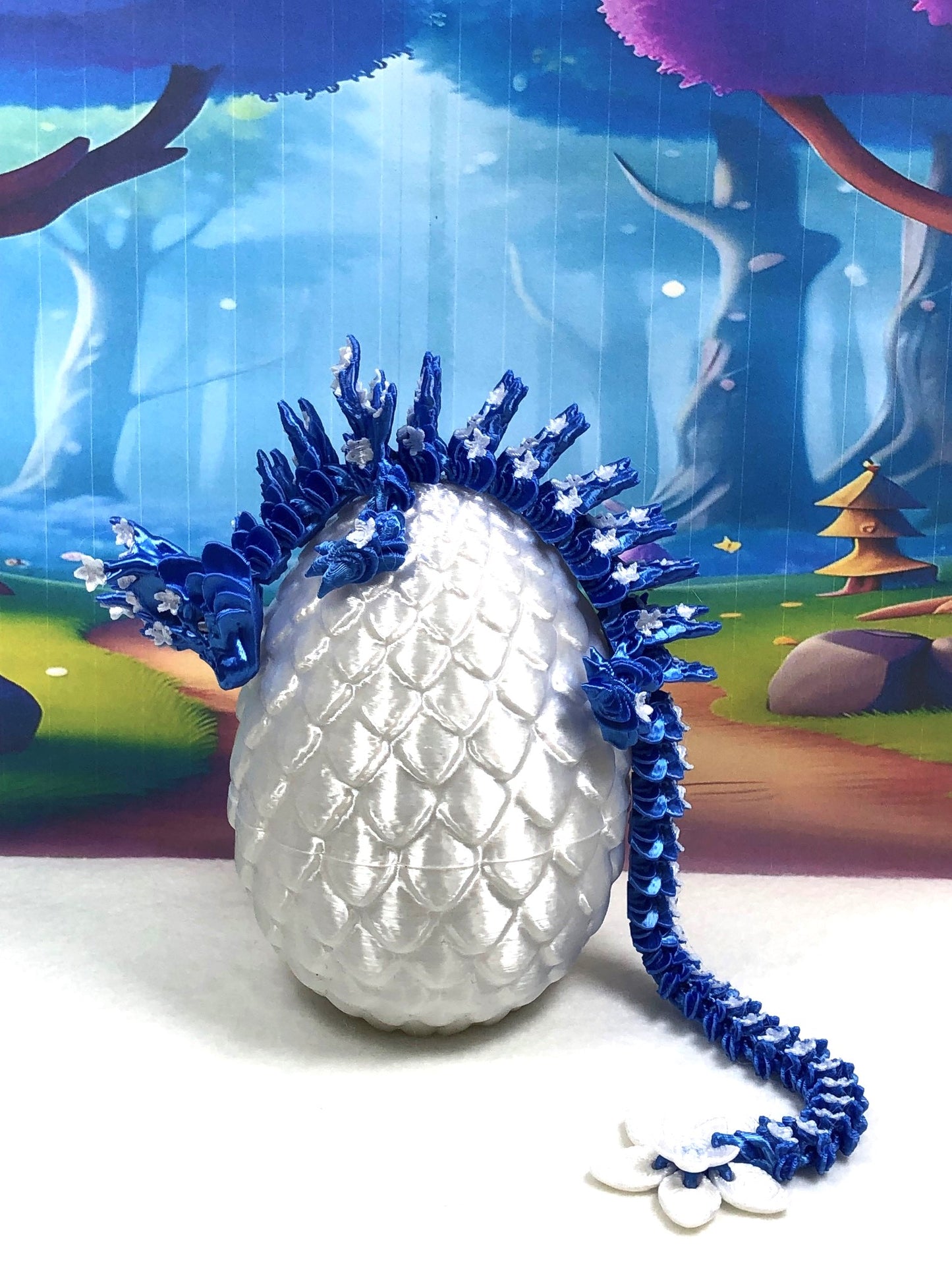 3D Printed Dragon with Dragon Egg, 12" Blue Purple and White Cherry Blossom, Articulated Dragon, Fidget ADHD Autism Sensory Toy Executive Desk Toy D033