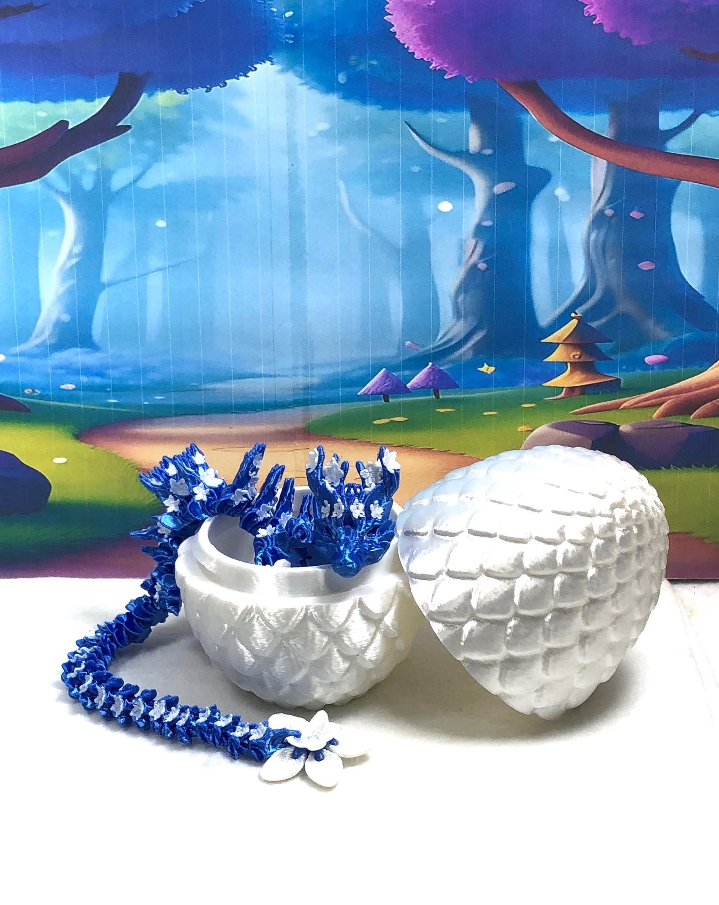 3D Printed Dragon with Dragon Egg, 12" Blue Purple and White Cherry Blossom, Articulated Dragon, Fidget ADHD Autism Sensory Toy Executive Desk Toy D033