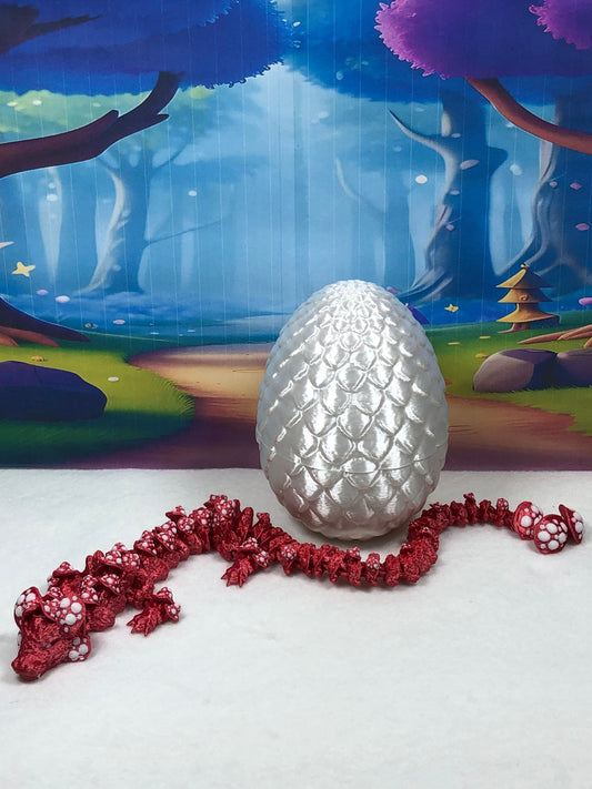 3D Printed Dragon with Dragon Egg, 12" Red and White Mushroom Dragon, Fidget ADHD Autism Toy, Executive Desk Toy D037-WE