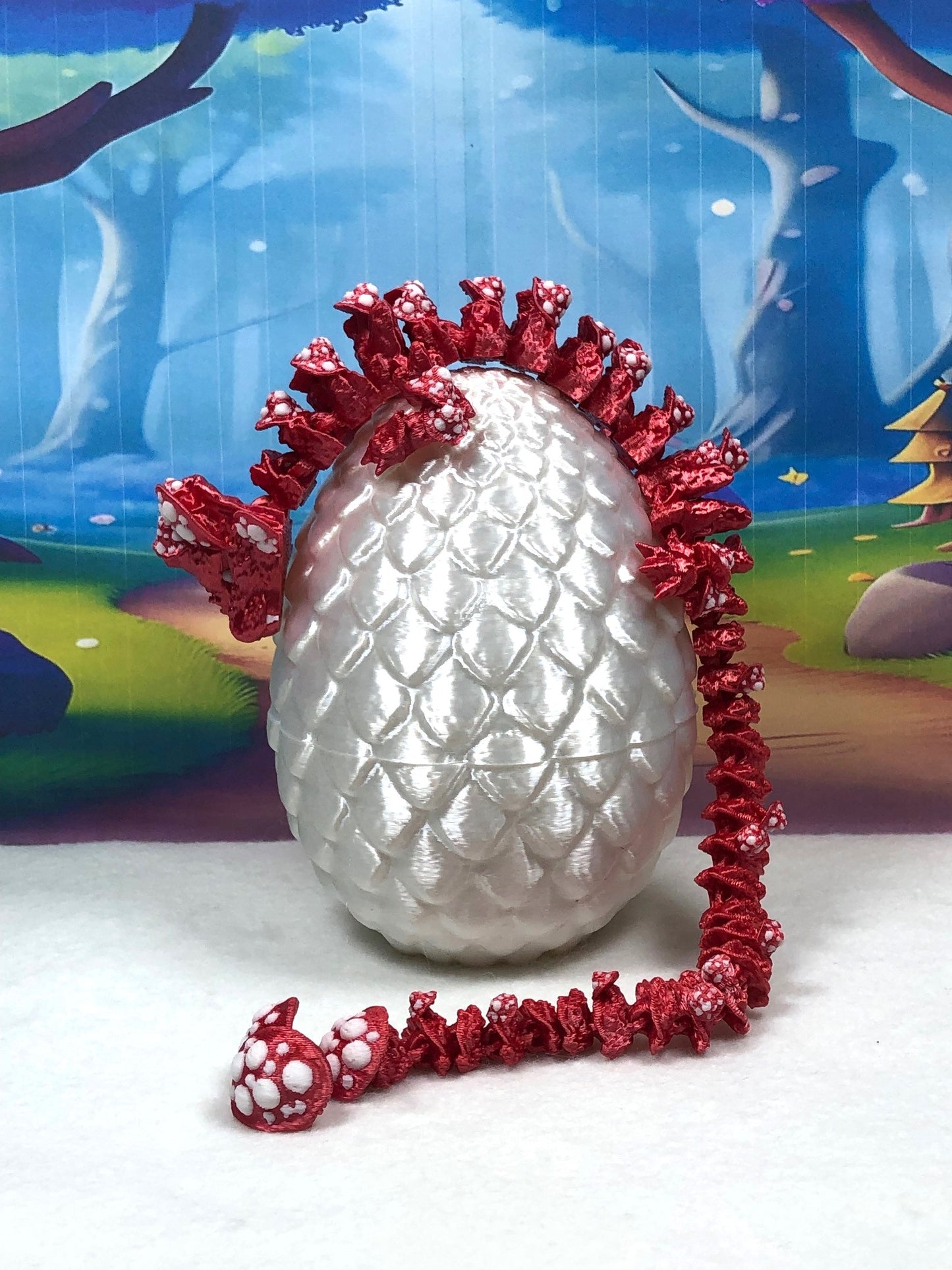 3D Printed Dragon with Dragon Egg, 12" Red and White Mushroom Dragon, Fidget ADHD Autism Toy, Executive Desk Toy D037-WE