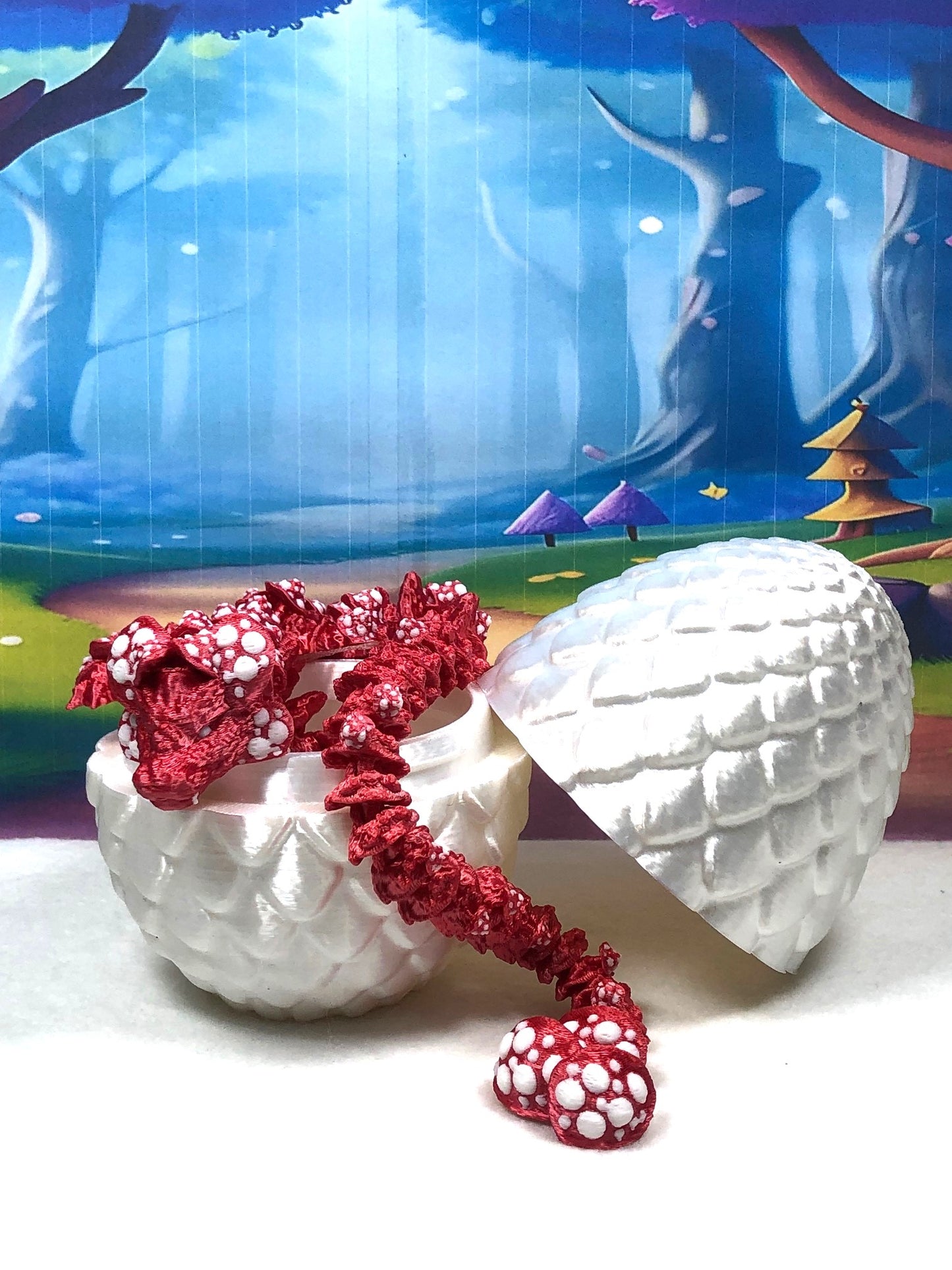 3D Printed Dragon with Dragon Egg, 12" Red and White Mushroom Dragon, Fidget ADHD Autism Toy, Executive Desk Toy D037-WE