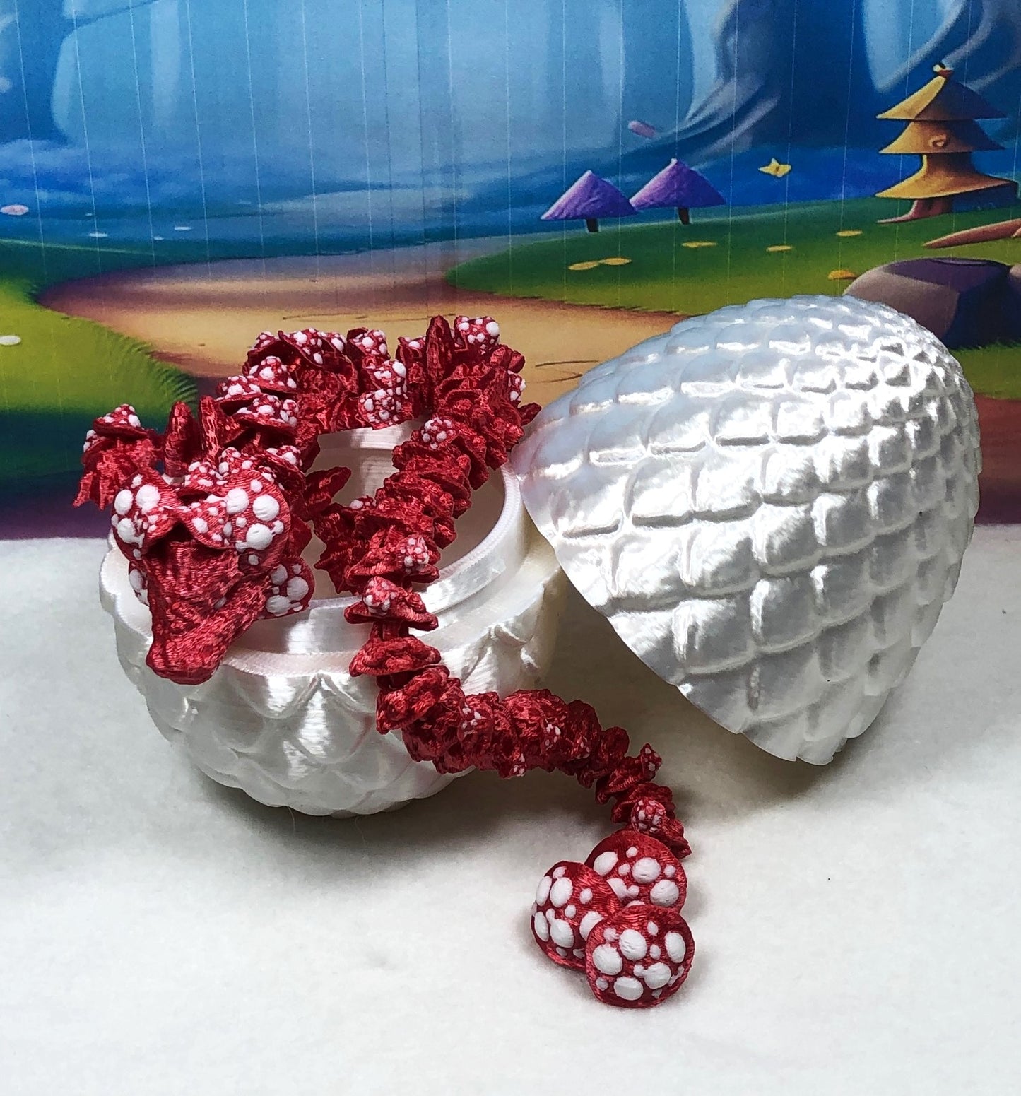 3D Printed Dragon with Dragon Egg, 12" Red and White Mushroom Dragon, Fidget ADHD Autism Toy, Executive Desk Toy D037-WE