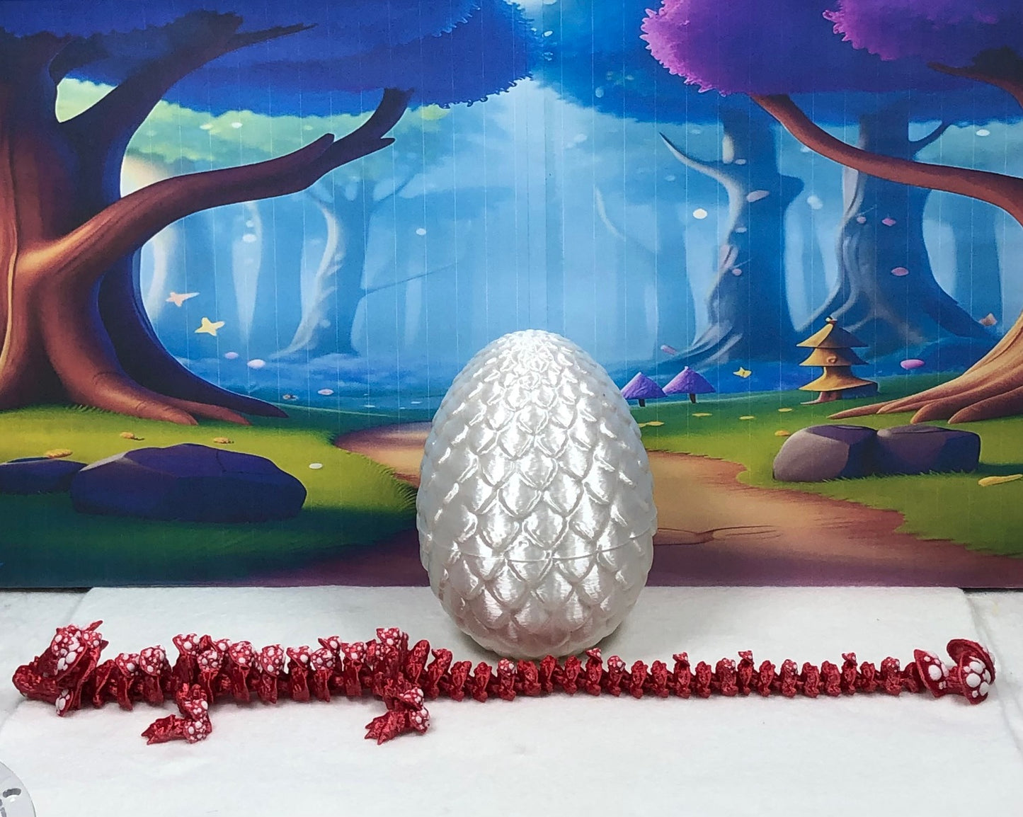 3D Printed Dragon with Dragon Egg, 12" Red and White Mushroom Dragon, Fidget ADHD Autism Toy, Executive Desk Toy D037-WE