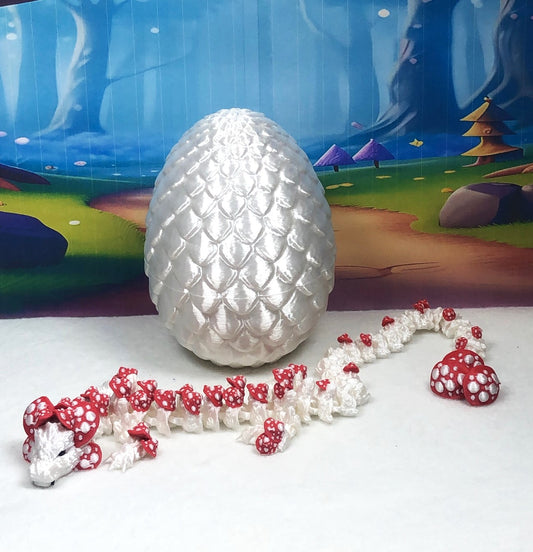 3D Printed Dragon Mushroom Dragon with Dragon Egg, Articulated 12" White and RED Dragon, Fidget Toy, Executive Desk Toy D036-WE