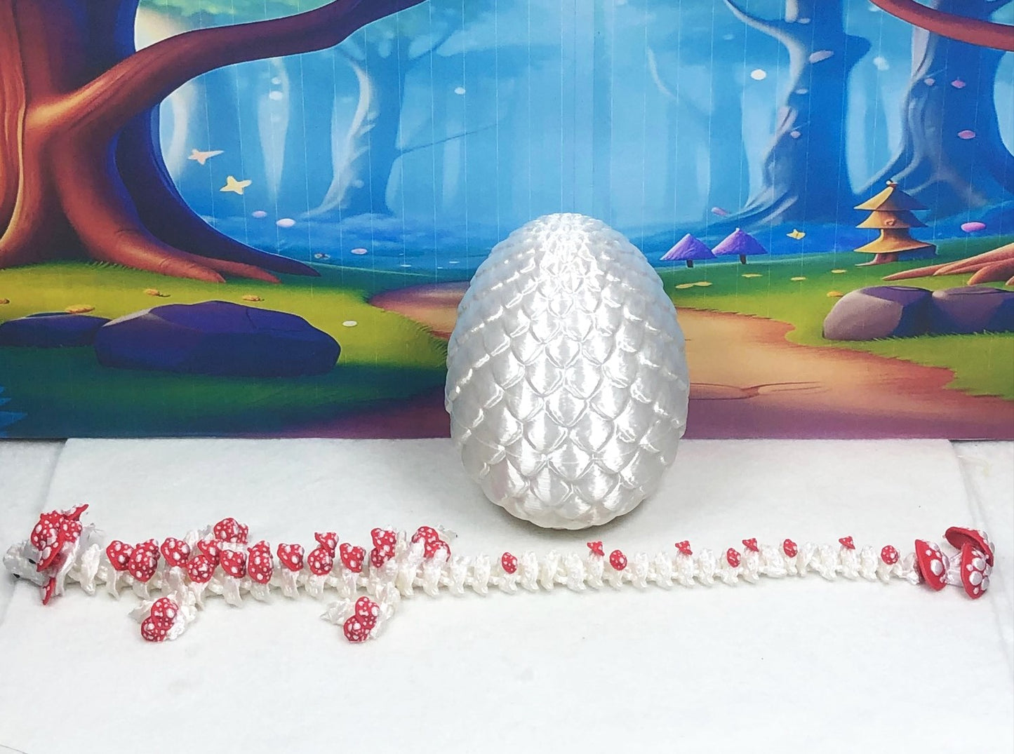 3D Printed Dragon Mushroom Dragon with Dragon Egg, Articulated 12" White and RED Dragon, Fidget Toy, Executive Desk Toy D036-WE