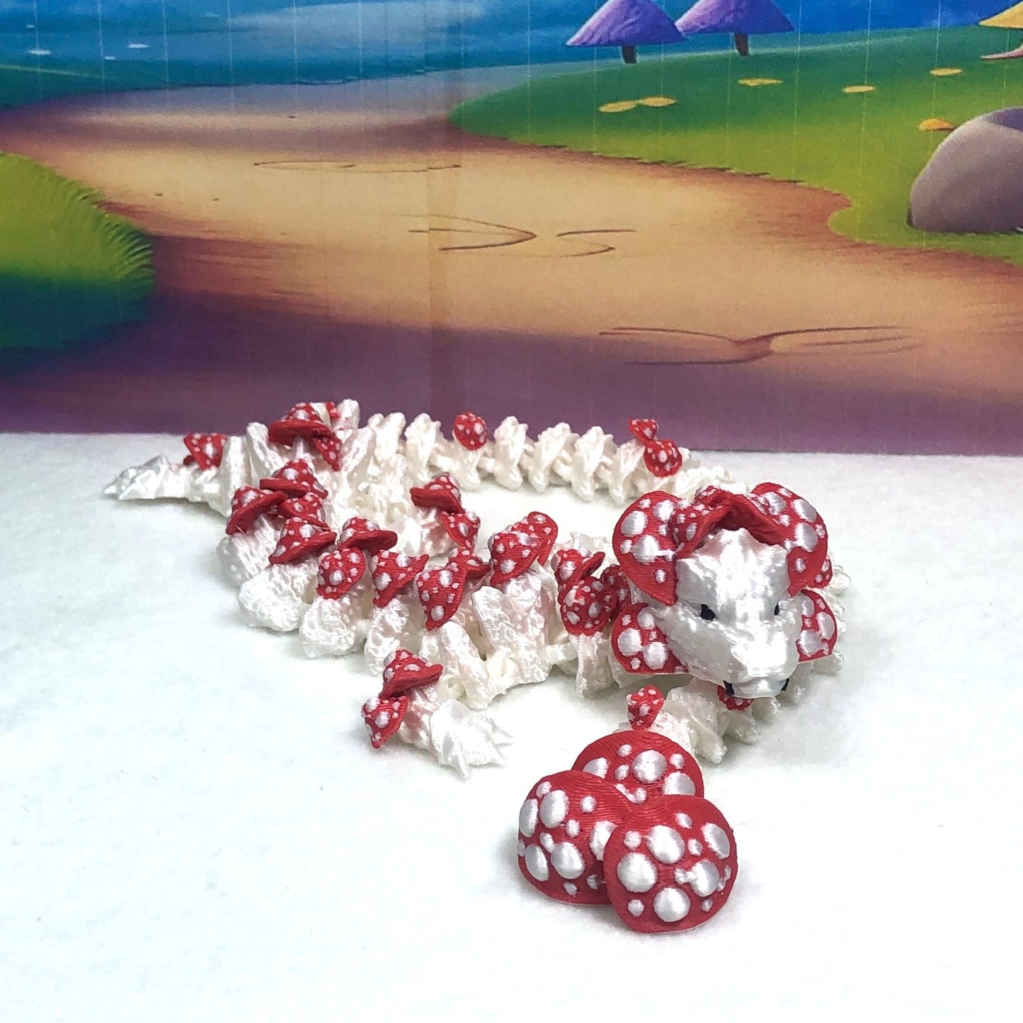 3D Printed Dragon Mushroom Dragon, Articulated 12" White and RED Dragon, Fidget Toy, Executive Desk Toy D036-DR