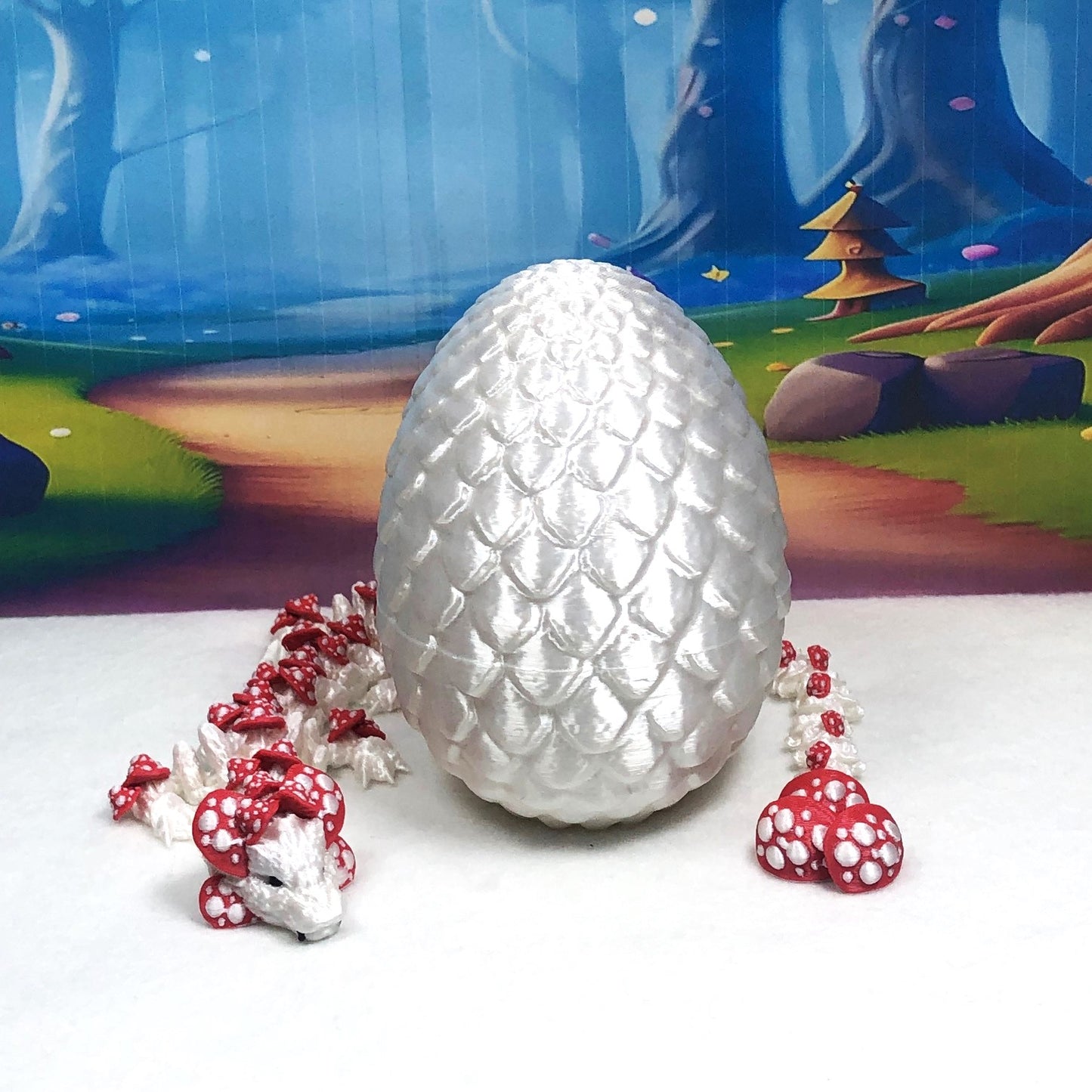 3D Printed Dragon Mushroom Dragon with Dragon Egg, Articulated 12" White and RED Dragon, Fidget Toy, Executive Desk Toy D036-WE