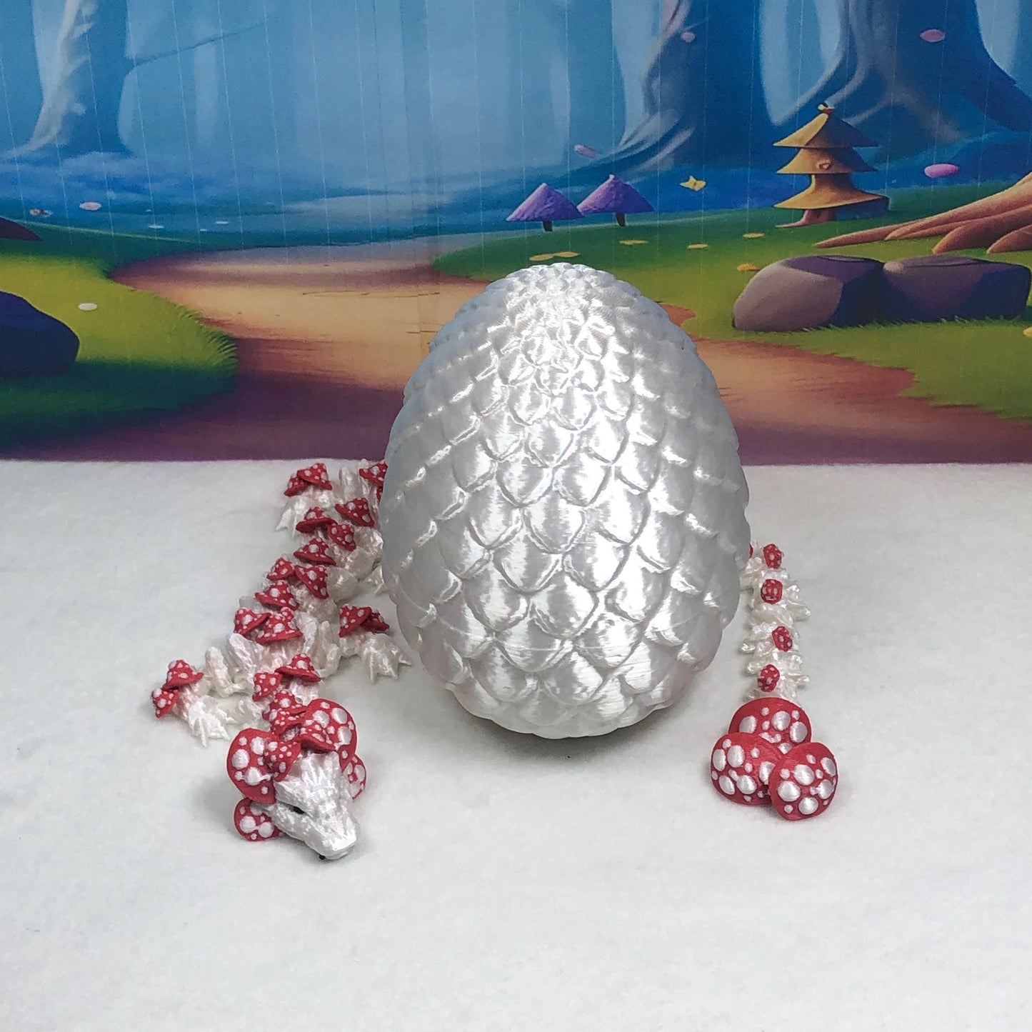 3D Printed Dragon Mushroom Dragon with Dragon Egg, Articulated 12" White and RED Dragon, Fidget Toy, Executive Desk Toy D036-WE