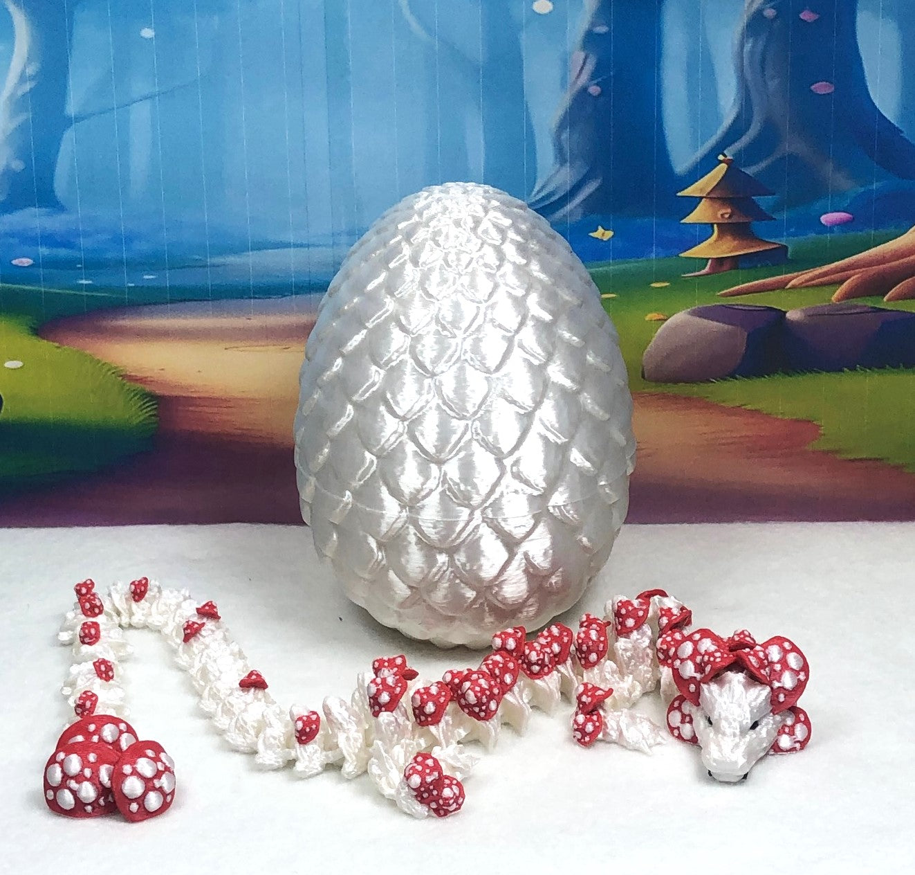 3D Printed Dragon Mushroom Dragon with Dragon Egg, Articulated 12" White and RED Dragon, Fidget Toy, Executive Desk Toy D036-WE