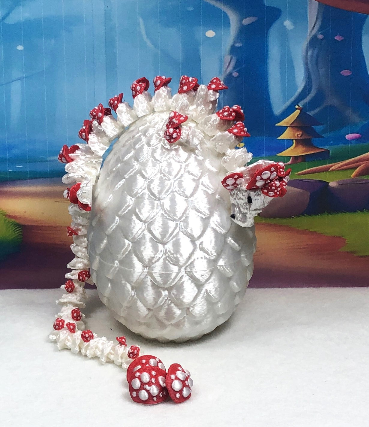 3D Printed Dragon Mushroom Dragon with Dragon Egg, Articulated 12" White and RED Dragon, Fidget Toy, Executive Desk Toy D036-WE