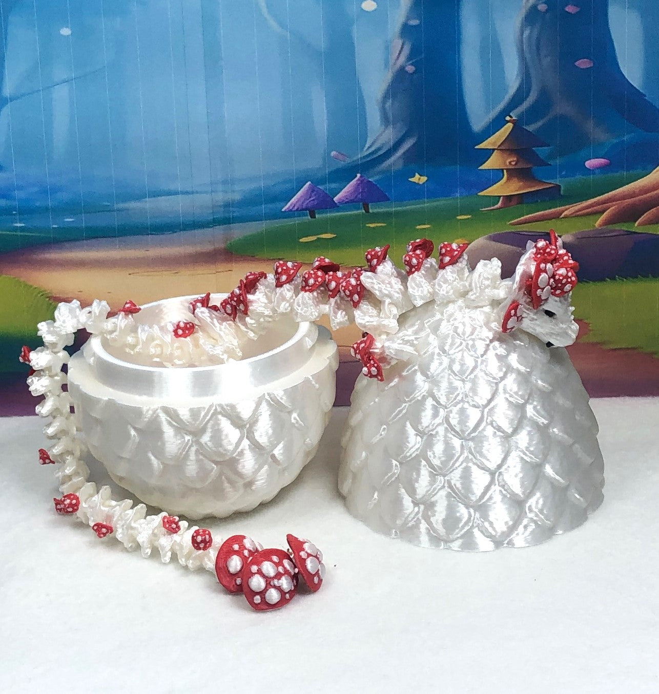 3D Printed Dragon Mushroom Dragon with Dragon Egg, Articulated 12" White and RED Dragon, Fidget Toy, Executive Desk Toy D036-WE