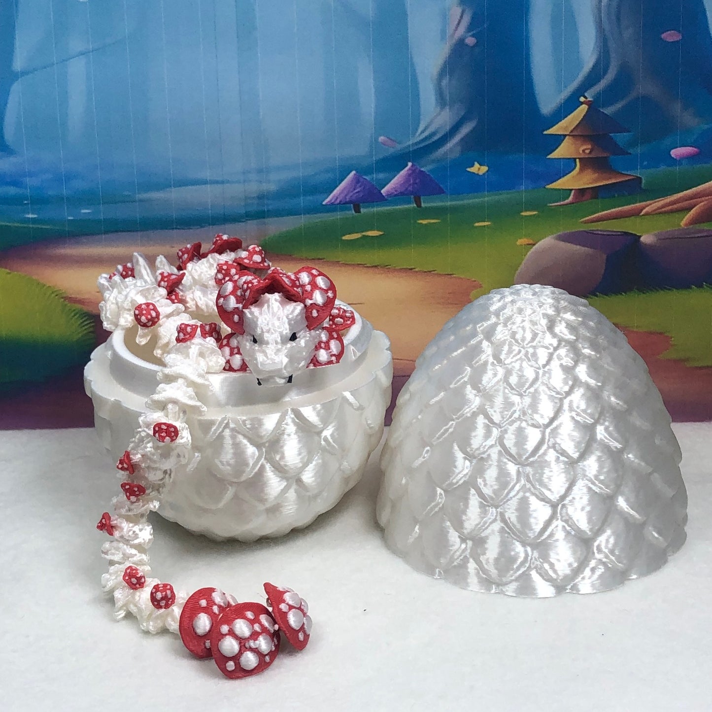 3D Printed Dragon Mushroom Dragon with Dragon Egg, Articulated 12" White and RED Dragon, Fidget Toy, Executive Desk Toy D036-WE