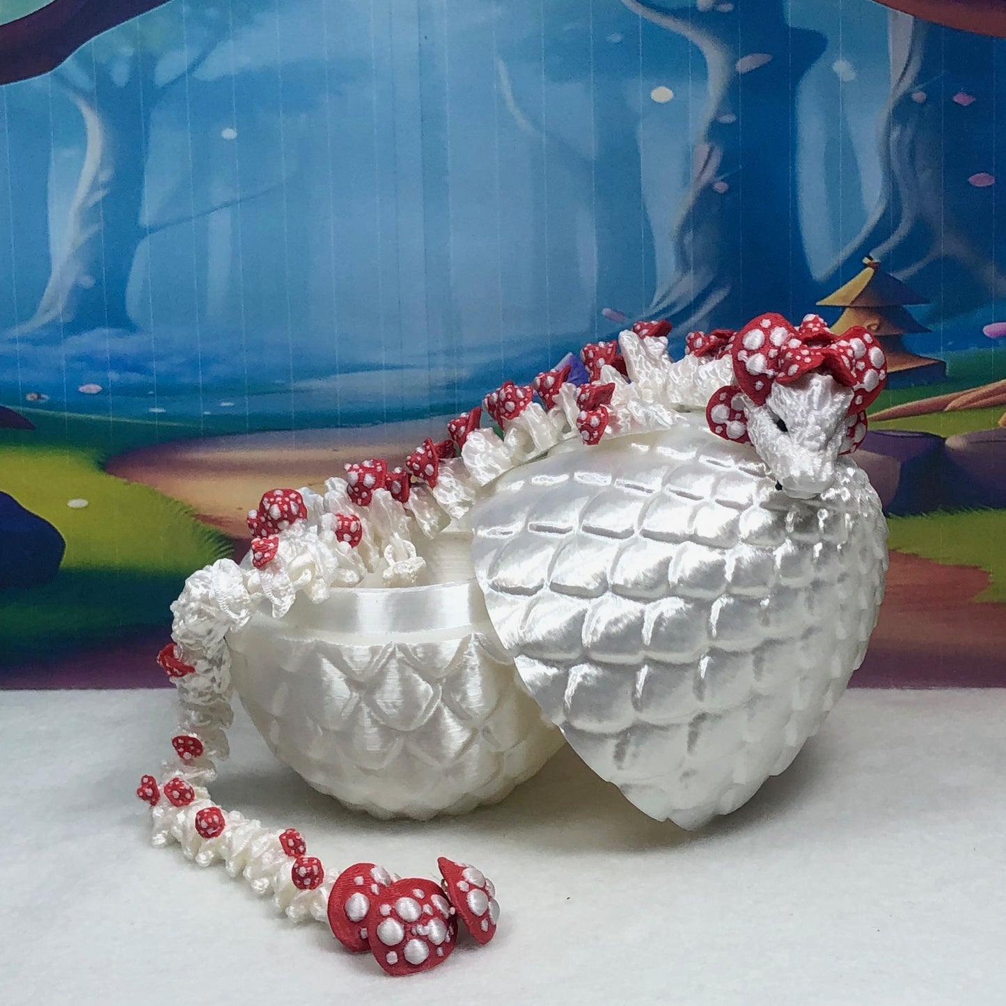 3D Printed Dragon Mushroom Dragon with Dragon Egg, Articulated 12" White and RED Dragon, Fidget Toy, Executive Desk Toy D036-WE