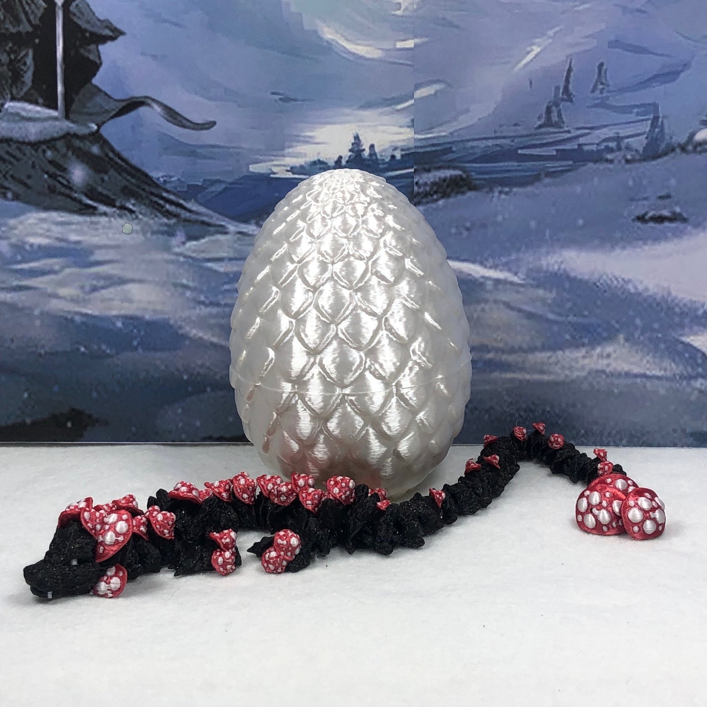 3D Printed Dragon with Dragon Egg, 12" Articulated Black and Red Mushroom Dragon, Fidget ADHD Autism Toy, Executive Desk Toy D038-WE