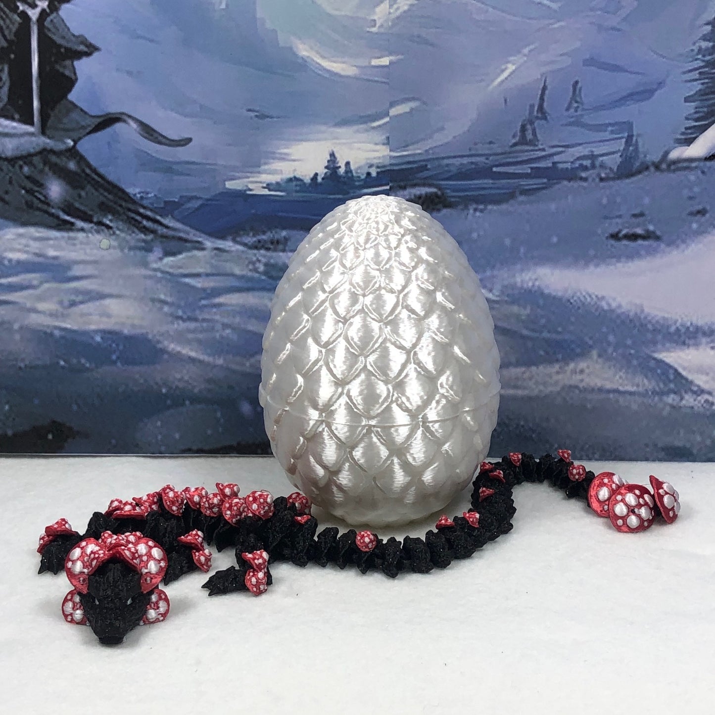 3D Printed Dragon with Dragon Egg, 12" Articulated Black and Red Mushroom Dragon, Fidget ADHD Autism Toy, Executive Desk Toy D038-WE