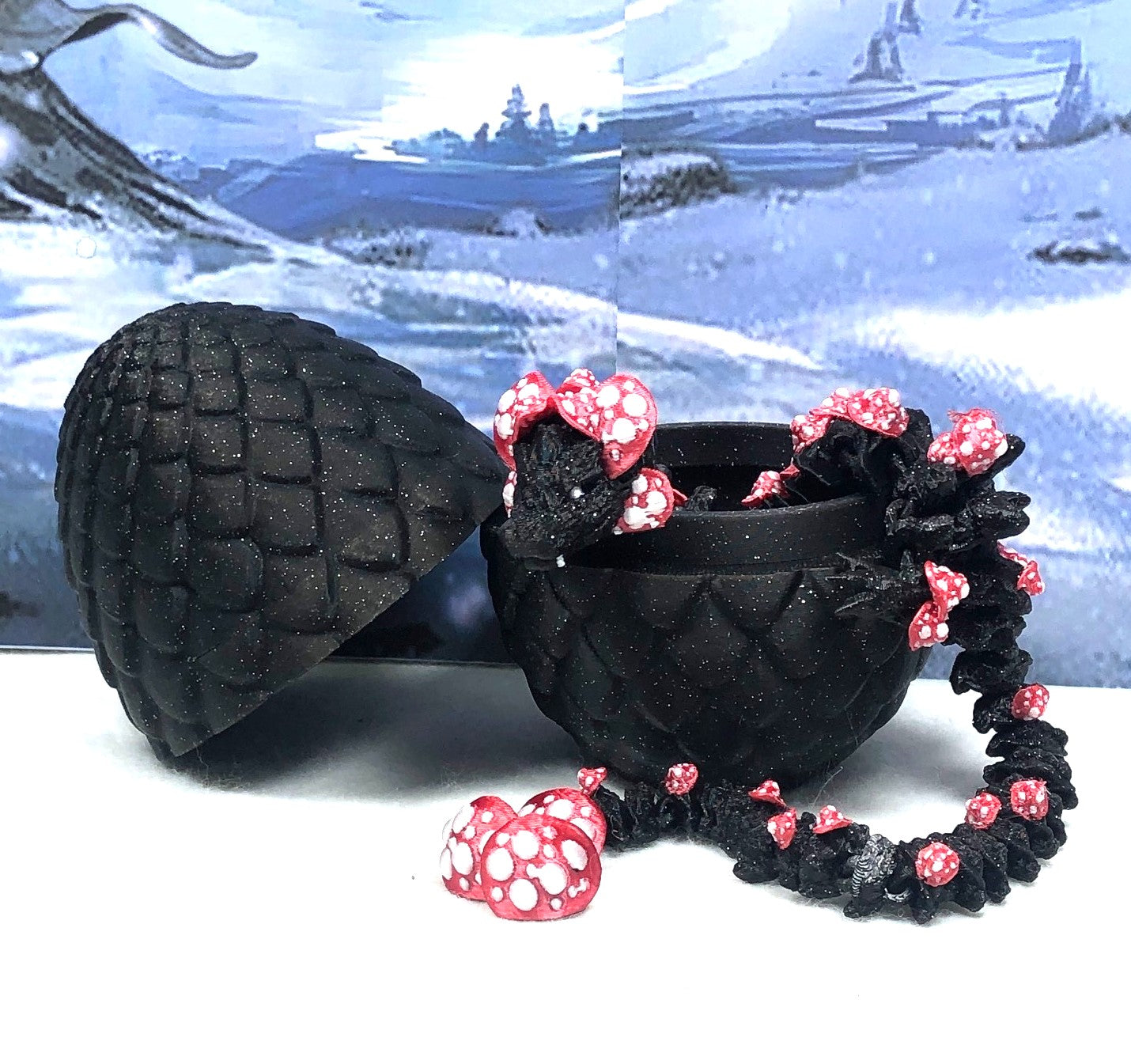 3D Printed Dragon with Dragon Egg, 12" Black and Red Mushroom Dragon, Fidget ADHD Autism Toy, Executive Desk Toy D038-BE