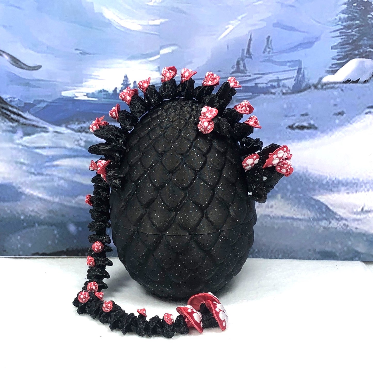 3D Printed Dragon with Dragon Egg, 12" Black and Red Mushroom Dragon, Fidget ADHD Autism Toy, Executive Desk Toy D038-BE