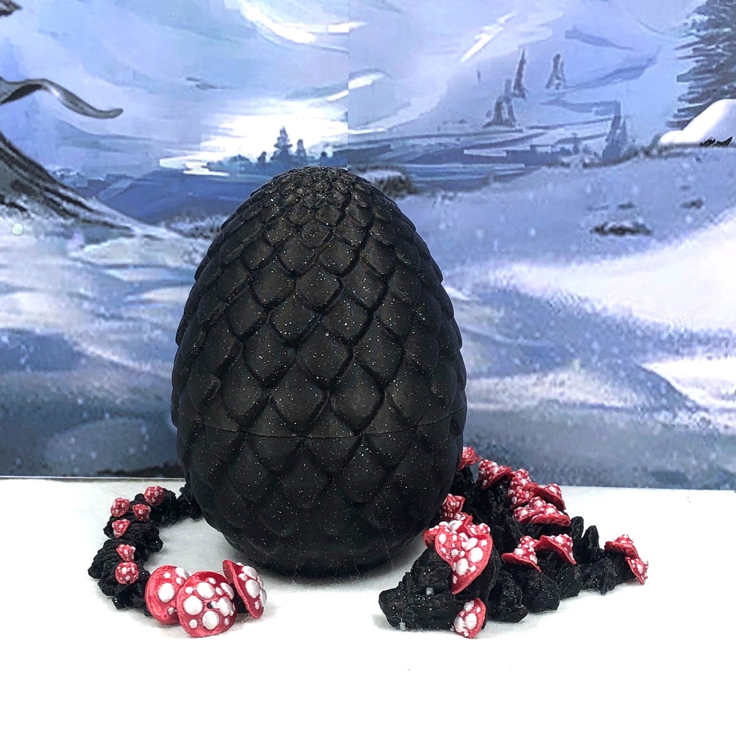 3D Printed Dragon with Dragon Egg, 12" Black and Red Mushroom Dragon, Fidget ADHD Autism Toy, Executive Desk Toy D038-BE